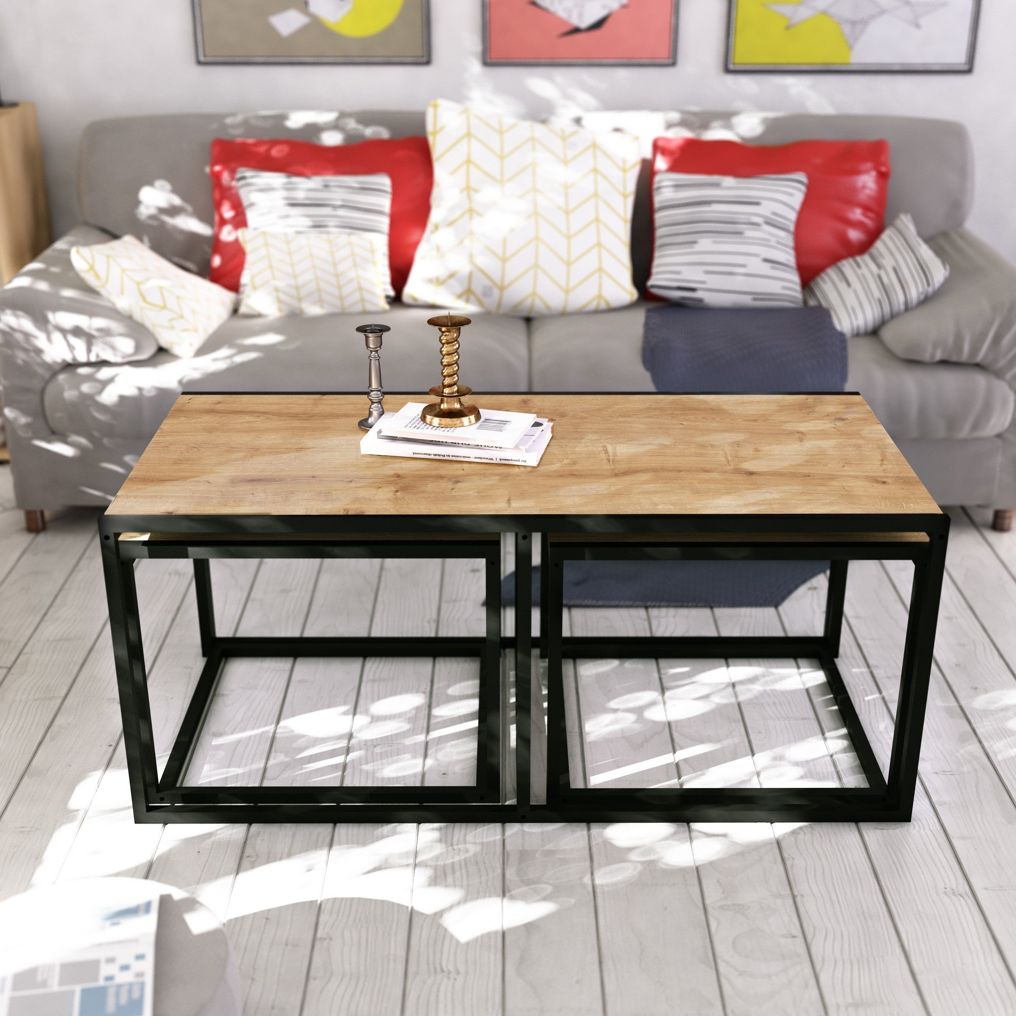 Mesa de Centro Extensível Moderna com 2 Mesas Laterais, Carvalho e Preto, 120x60x50 cm | Revestimento 100% Melamina, Estrutura de Metal, Armazenamento Adicional | Elegante e Funcional