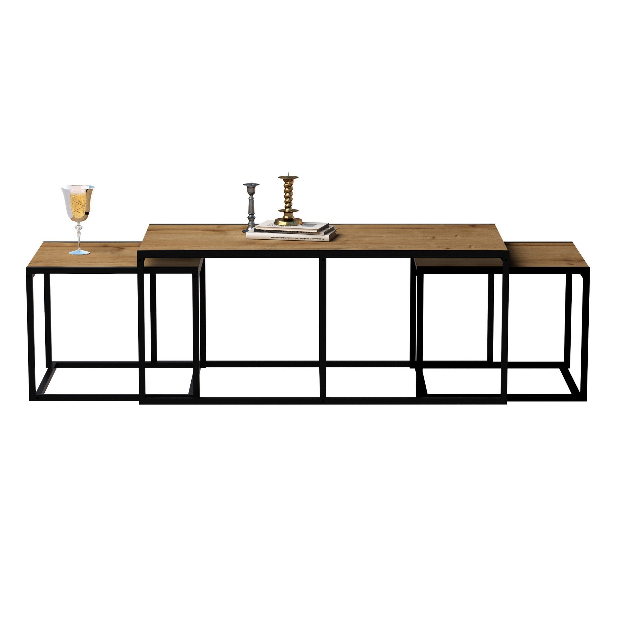Mesa de Centro Extensível Moderna com 2 Mesas Laterais, Carvalho e Preto, 120x60x50 cm | Revestimento 100% Melamina, Estrutura de Metal, Armazenamento Adicional | Elegante e Funcional