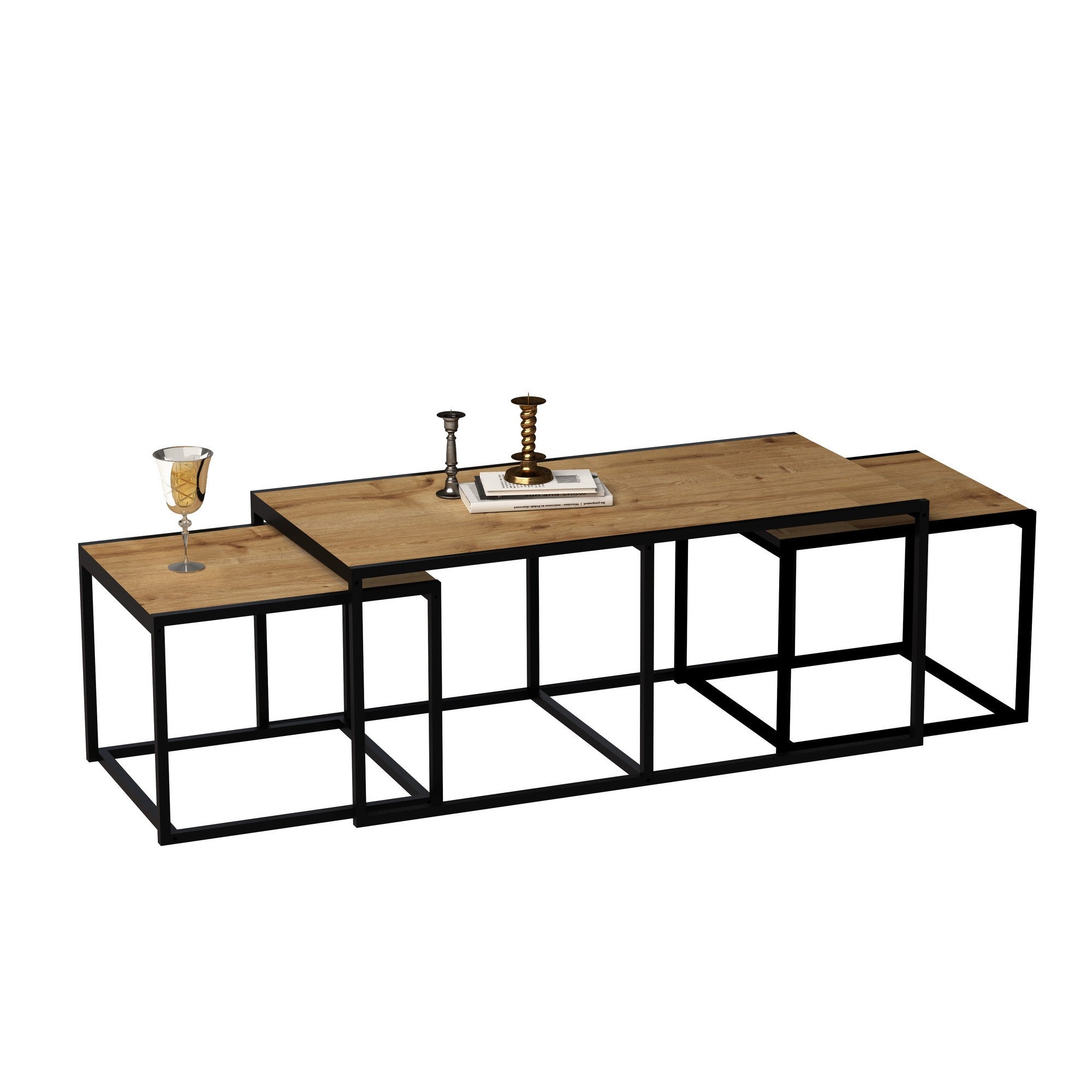 Mesa de Centro Extensível Moderna com 2 Mesas Laterais, Carvalho e Preto, 120x60x50 cm | Revestimento 100% Melamina, Estrutura de Metal, Armazenamento Adicional | Elegante e Funcional