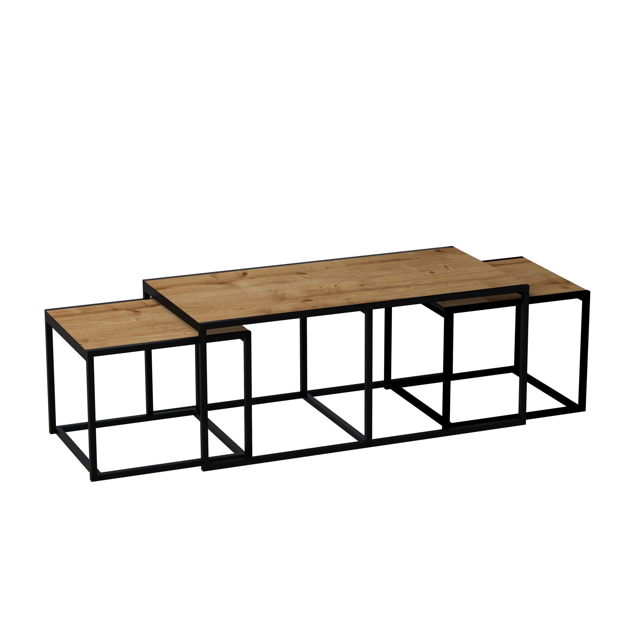 Mesa de Centro Extensível Moderna com 2 Mesas Laterais, Carvalho e Preto, 120x60x50 cm | Revestimento 100% Melamina, Estrutura de Metal, Armazenamento Adicional | Elegante e Funcional