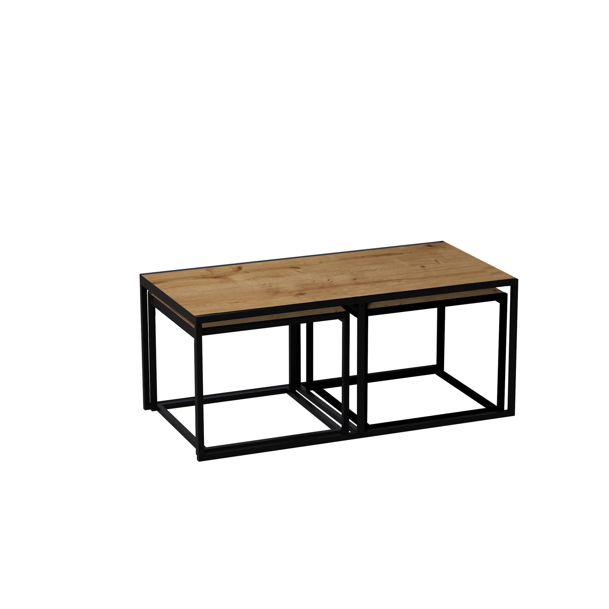 Mesa de Centro Extensível Moderna com 2 Mesas Laterais, Carvalho e Preto, 120x60x50 cm | Revestimento 100% Melamina, Estrutura de Metal, Armazenamento Adicional | Elegante e Funcional
