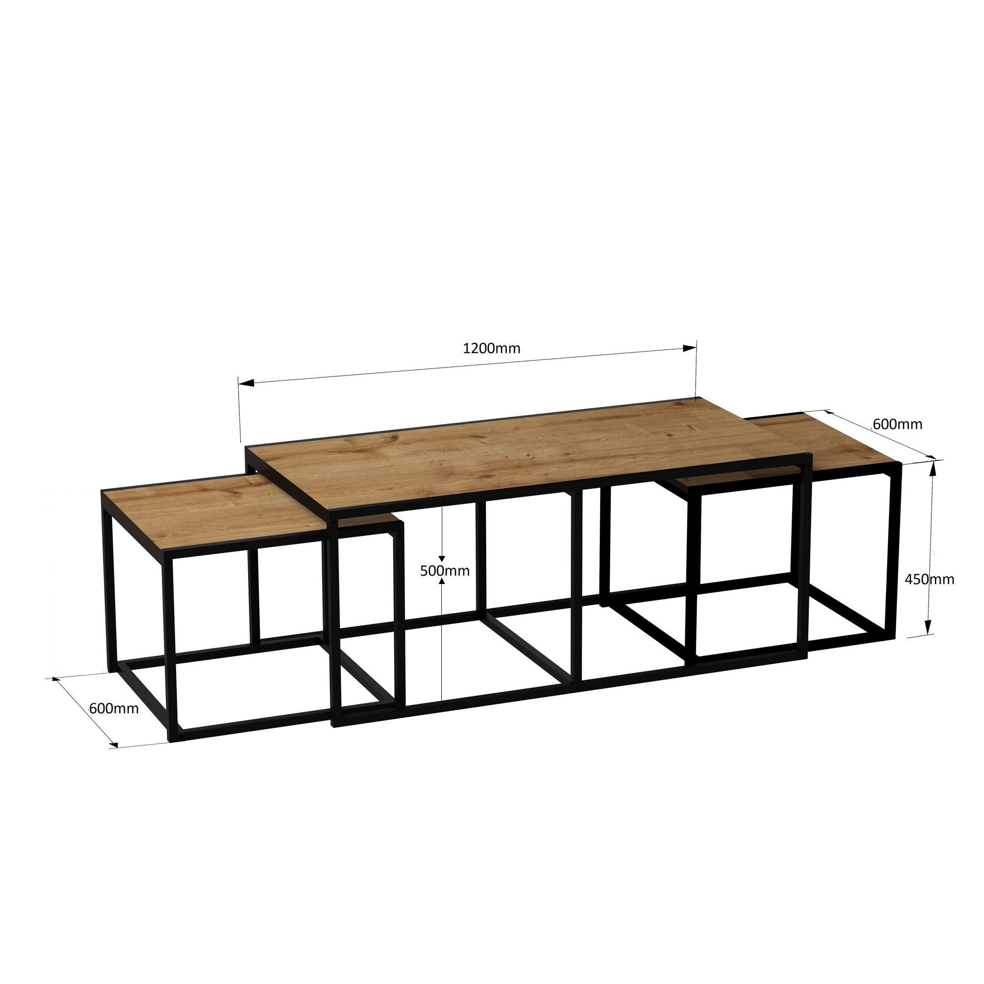 Mesa de Centro Extensível Moderna com 2 Mesas Laterais, Carvalho e Preto, 120x60x50 cm | Revestimento 100% Melamina, Estrutura de Metal, Armazenamento Adicional | Elegante e Funcional