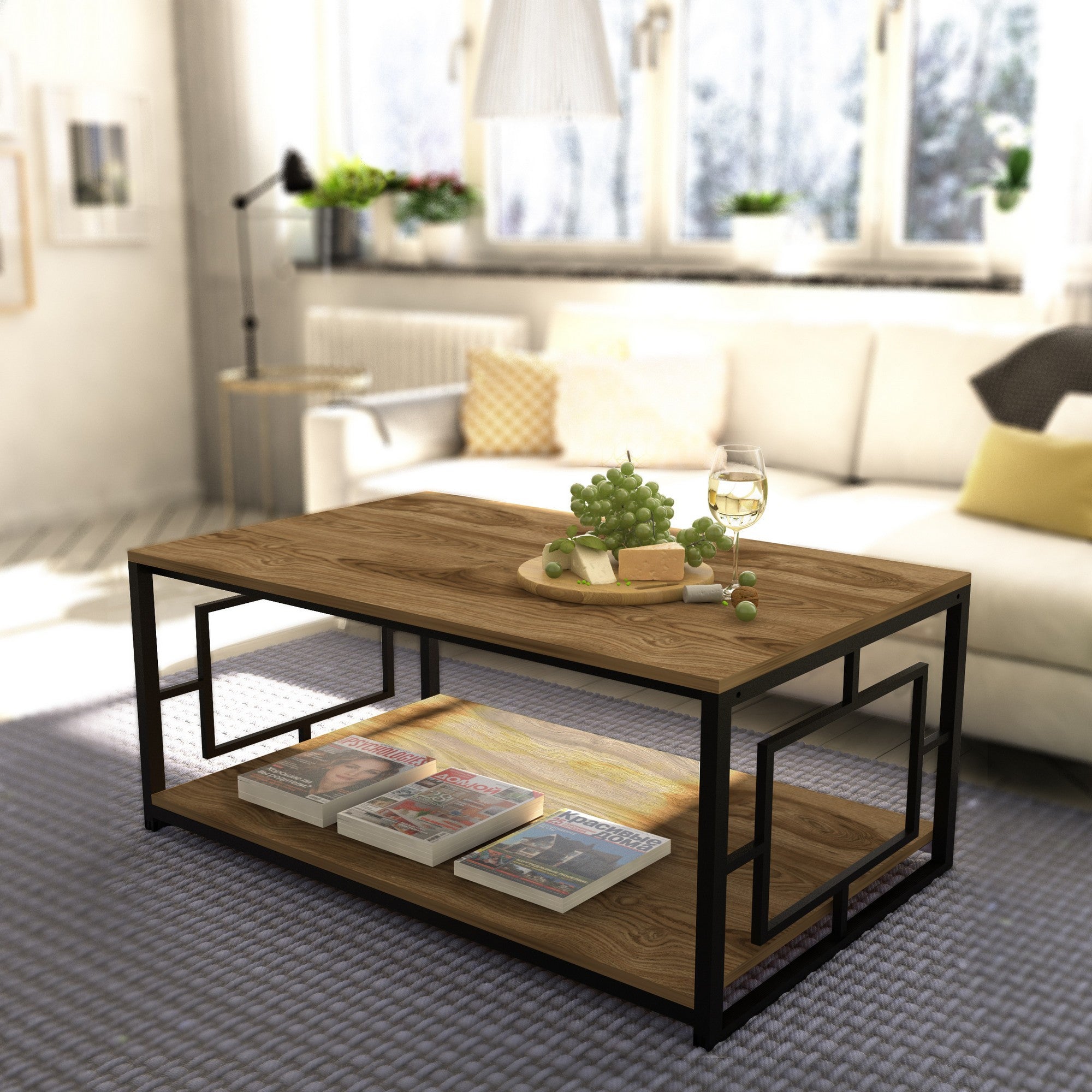 Mesa de Centro Moderna com Estrutura de Metal, Nogueira e Preto, 120 x 50 x 60 cm | Painel de Partículas 100% Revestido com Melamina, 18 mm | Elegante e Funcional com Armazenamento Extra