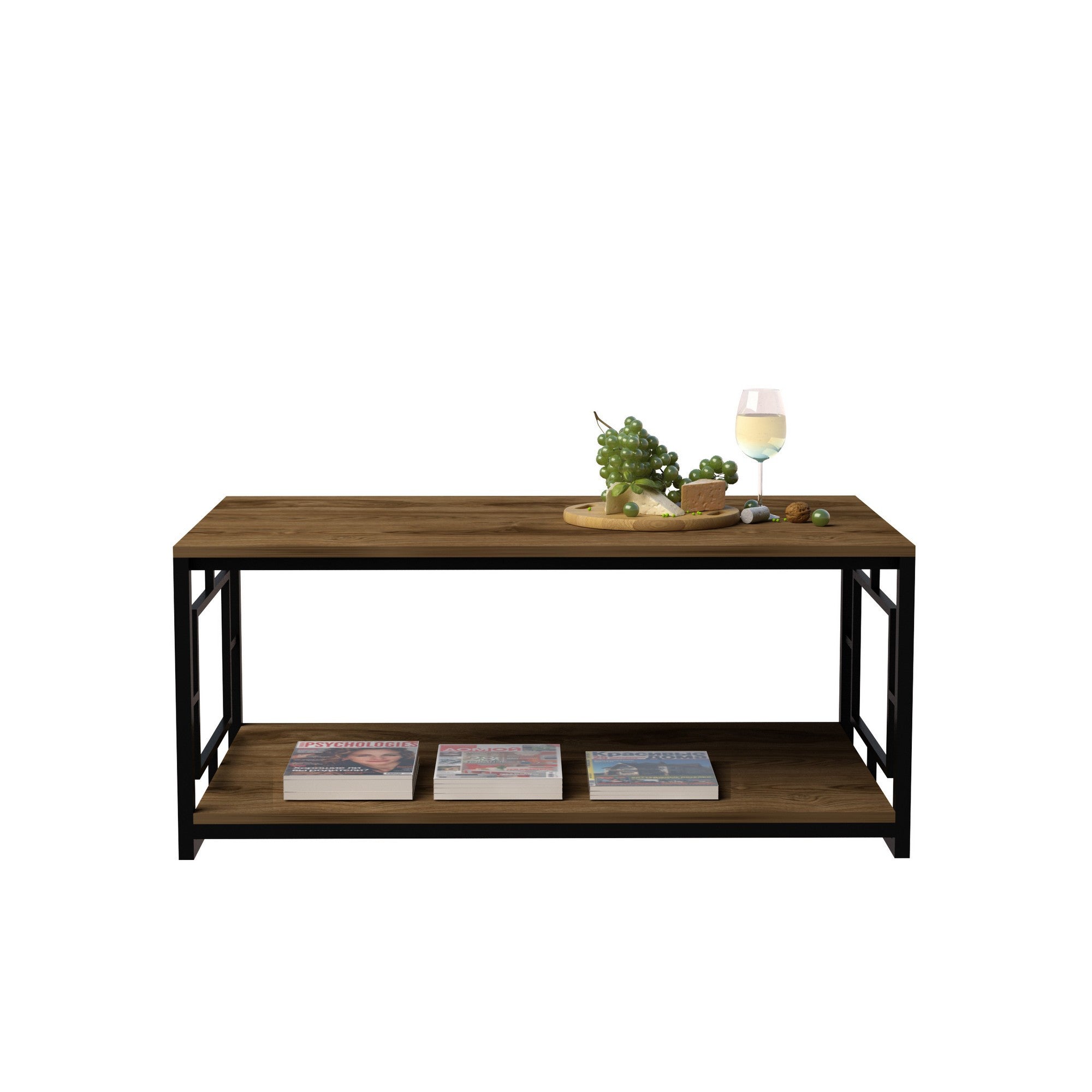 Mesa de Centro Moderna com Estrutura de Metal, Nogueira e Preto, 120 x 50 x 60 cm | Painel de Partículas 100% Revestido com Melamina, 18 mm | Elegante e Funcional com Armazenamento Extra