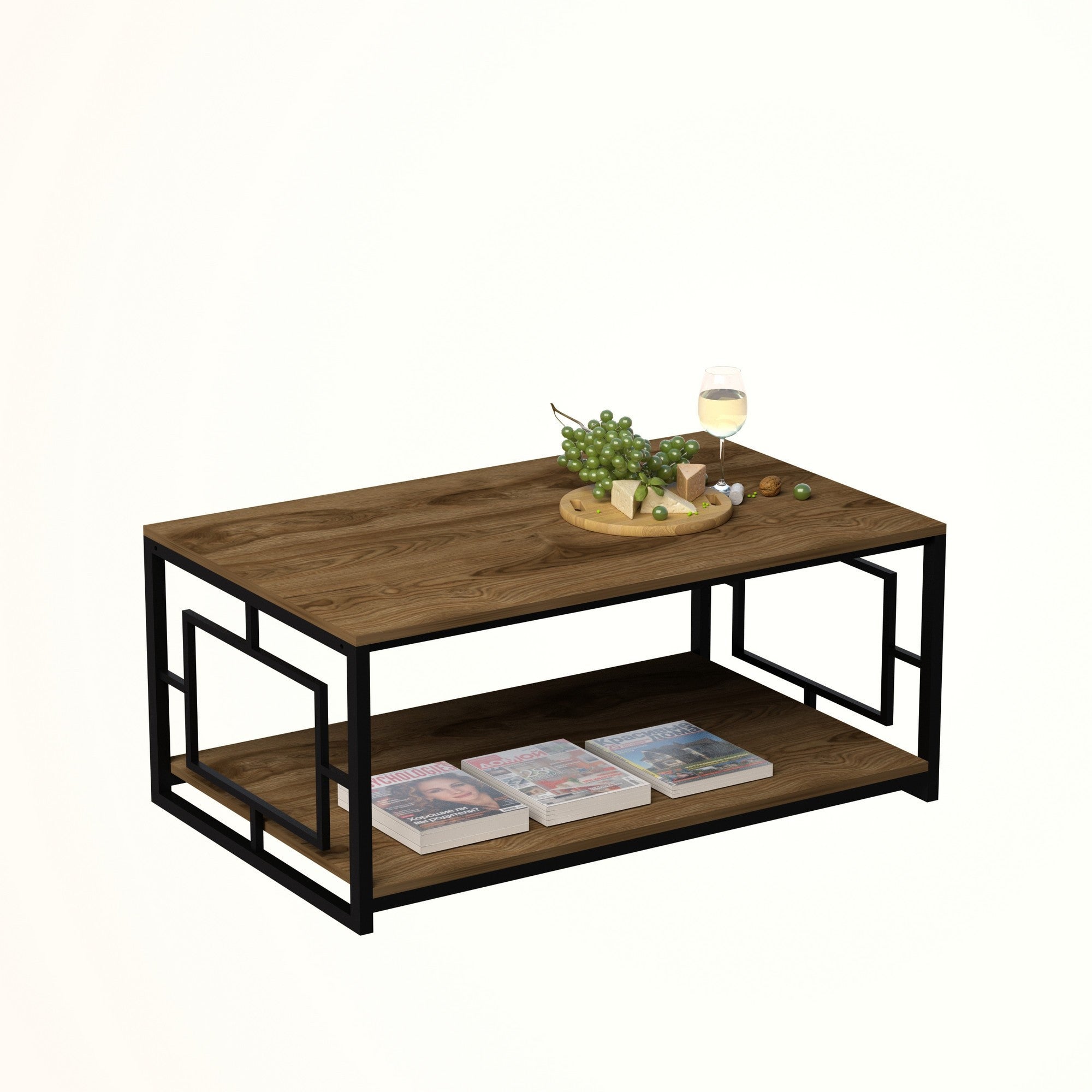 Mesa de Centro Moderna com Estrutura de Metal, Nogueira e Preto, 120 x 50 x 60 cm | Painel de Partículas 100% Revestido com Melamina, 18 mm | Elegante e Funcional com Armazenamento Extra