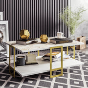 Mesa de Centro Barroca Elegante, Padrão de Mármore Dourado e Branco, 91,5 x 36,6 x 61,5 cm | Revestimento 100% melamina, Pés de Metal, Armazenamento em 2 Níveis | Design Glamouroso