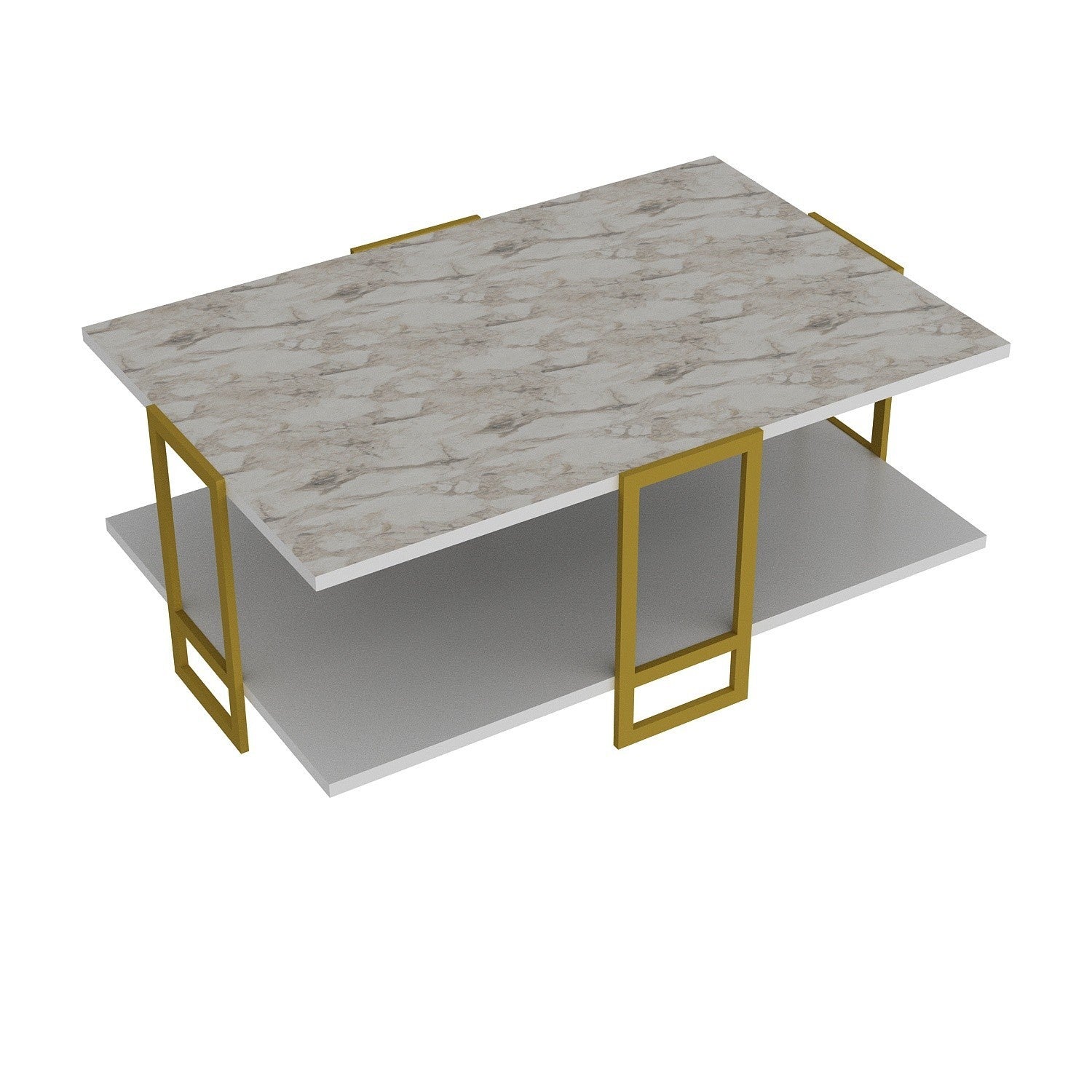 Mesa de Centro Barroca Elegante, Padrão de Mármore Dourado e Branco, 91,5 x 36,6 x 61,5 cm | Revestimento 100% melamina, Pés de Metal, Armazenamento em 2 Níveis | Design Glamouroso