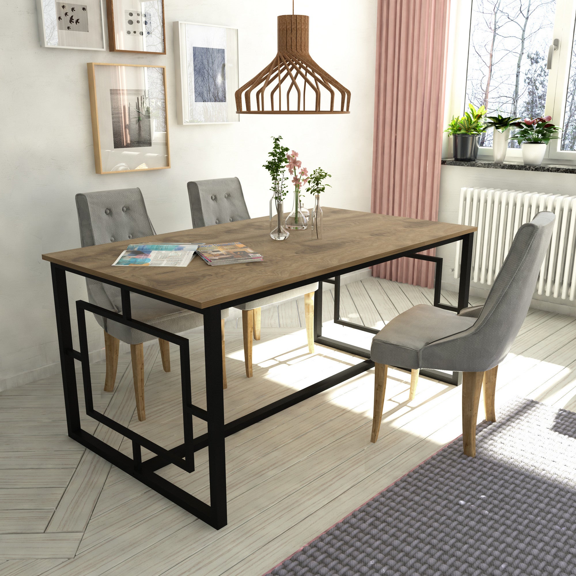 Mesa de Jantar Moderna, Nogueira e Preto, 160 x 90 x 76 cm | Painel de Partículas 100% Revestido em Melamina, 18 mm de Espessura, Estrutura de Metal Resistente | Design Industrial Multiuso