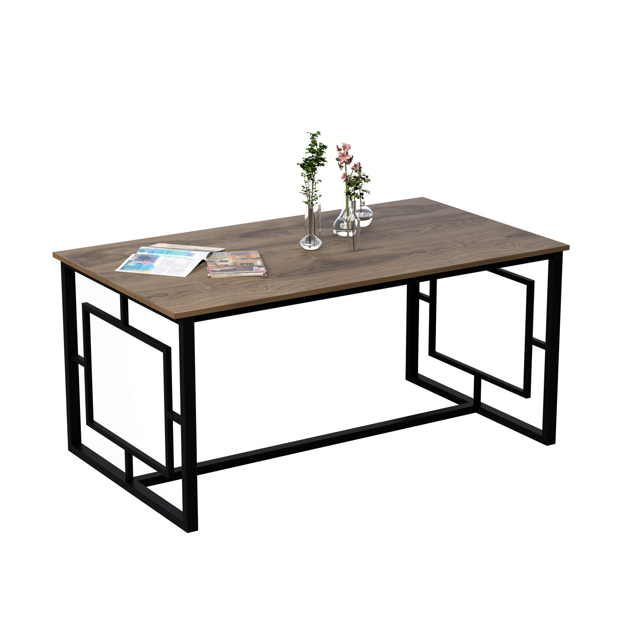 Mesa de Jantar Moderna, Nogueira e Preto, 160 x 90 x 76 cm | Painel de Partículas 100% Revestido em Melamina, 18 mm de Espessura, Estrutura de Metal Resistente | Design Industrial Multiuso