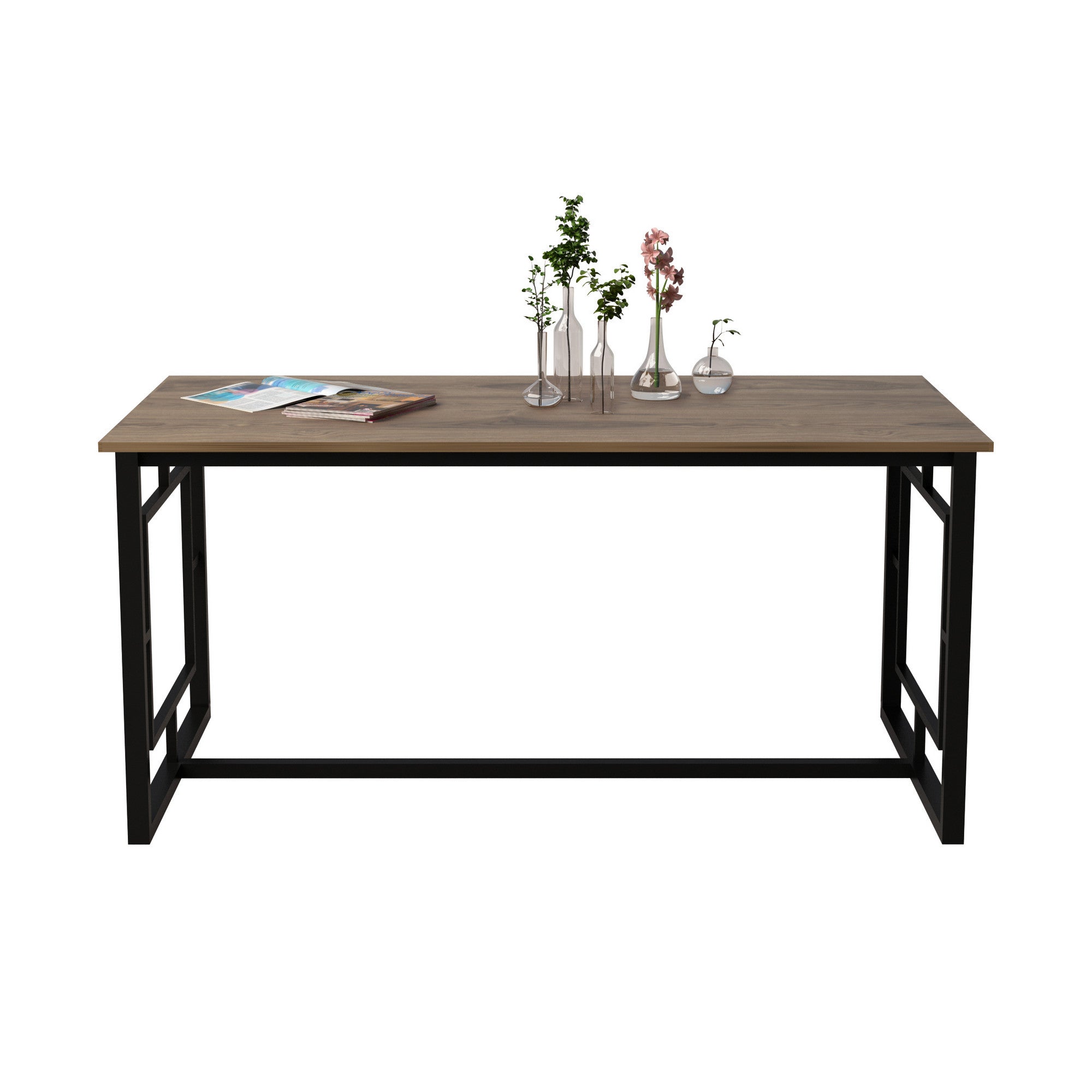 Mesa de Jantar Moderna, Nogueira e Preto, 160 x 90 x 76 cm | Painel de Partículas 100% Revestido em Melamina, 18 mm de Espessura, Estrutura de Metal Resistente | Design Industrial Multiuso