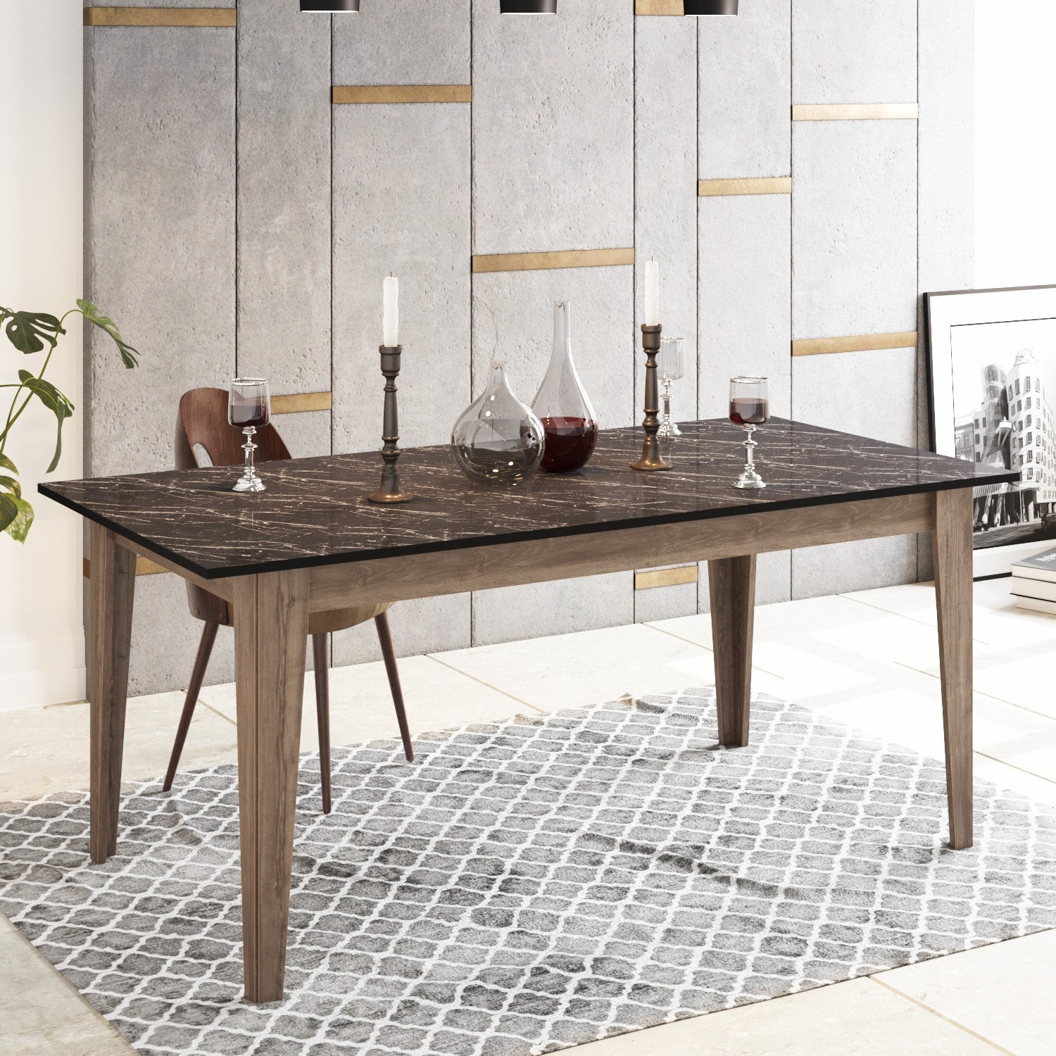 Mesa de Jantar Moderna Multiuso, Nogueira e Preto, 180 x 90 x 76,8 cm | Painel de Partículas 100% Revestido em Melamina, 18 mm de Espessura | Design Elegante e Funcional