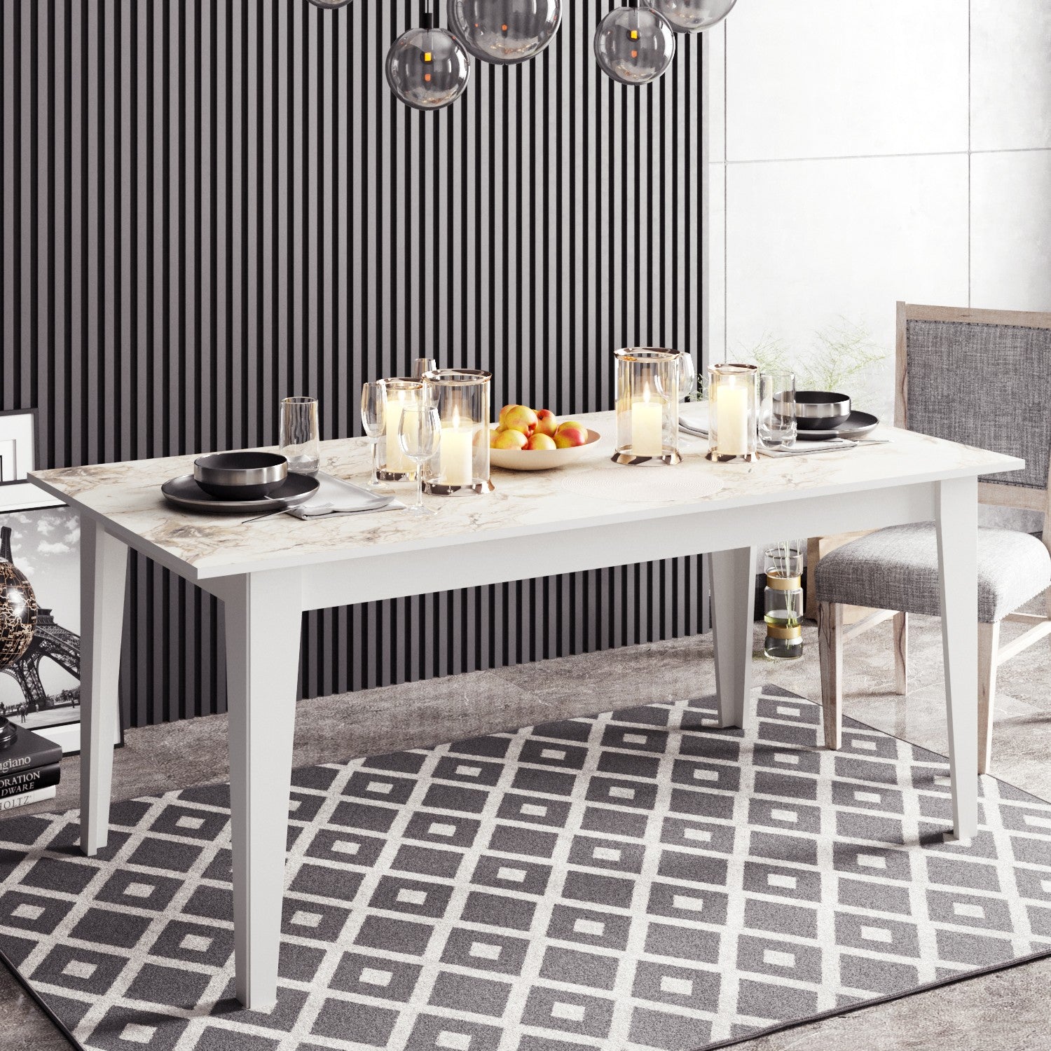 Mesa de Jantar Moderna com Padrão de Mármore, 180 x 90 x 76,8 cm | Painel de Partículas 100% Revestido com Melamina, 18 mm de Espessura | Design Branco Elegante para Uso Multiuso