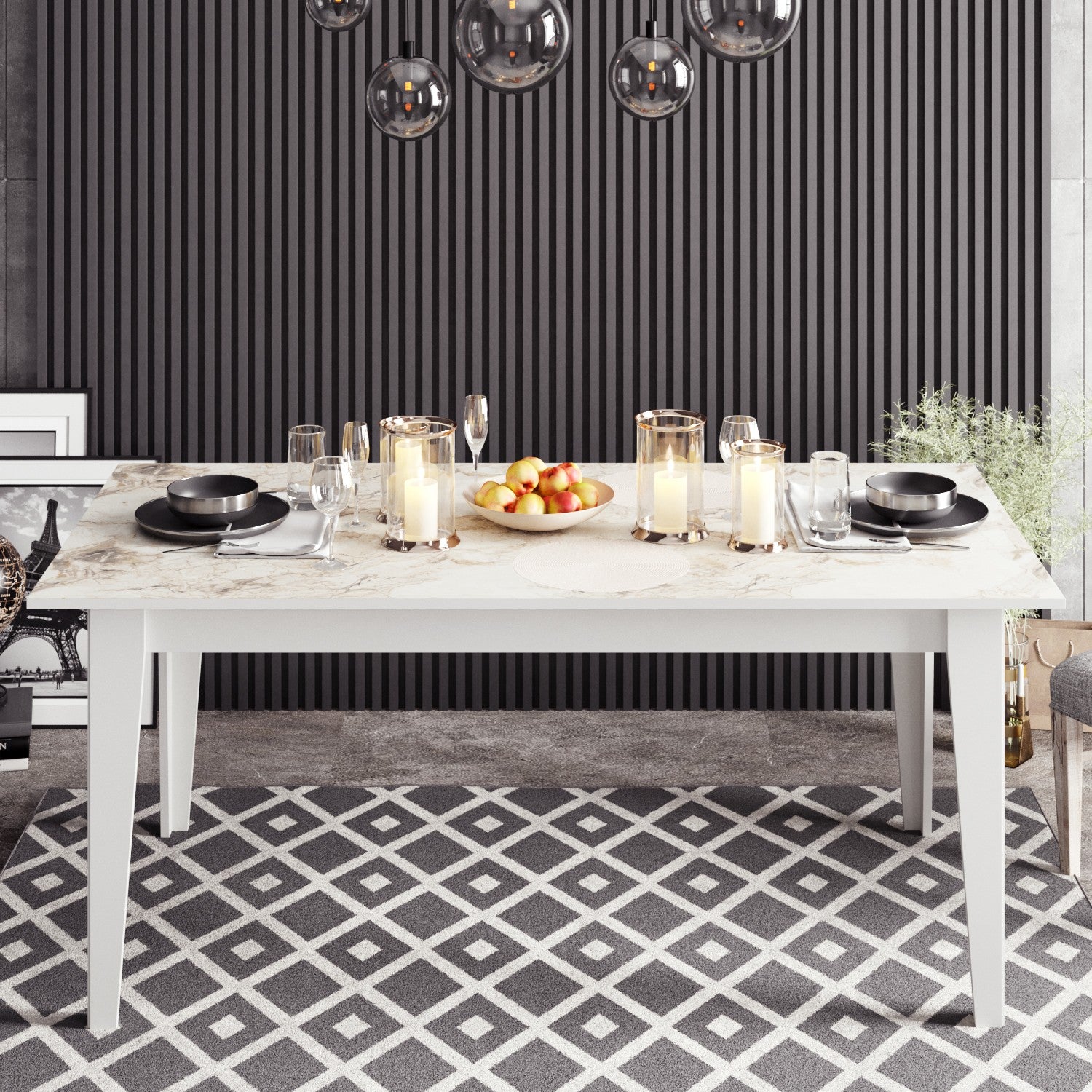 Mesa de Jantar Moderna com Padrão de Mármore, 180 x 90 x 76,8 cm | Painel de Partículas 100% Revestido com Melamina, 18 mm de Espessura | Design Branco Elegante para Uso Multiuso