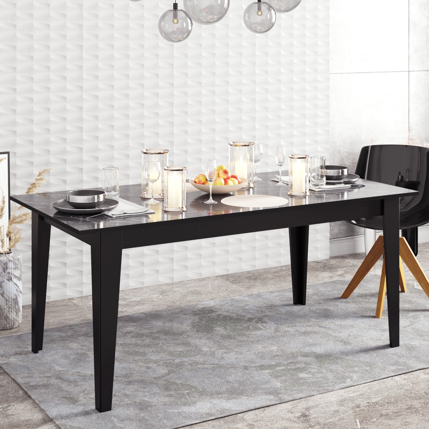 Mesa de Jantar Preta Moderna, 180 x 90 x 76,8 cm | Painel de Partículas 100% Revestido em Melamina, 18 mm de Espessura | Padrão de Mármore Elegante, Design Multiuso