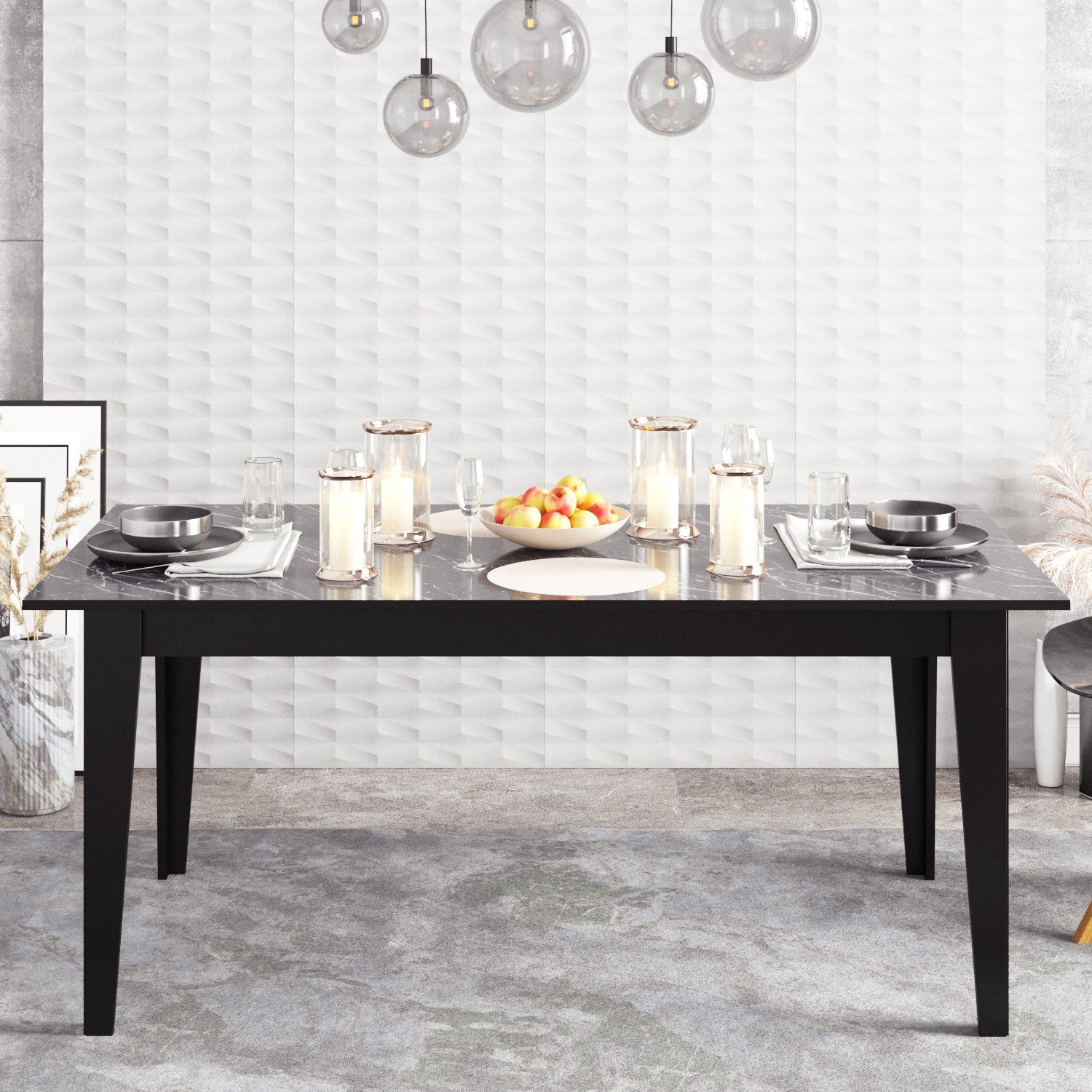 Mesa de Jantar Preta Moderna, 180 x 90 x 76,8 cm | Painel de Partículas 100% Revestido em Melamina, 18 mm de Espessura | Padrão de Mármore Elegante, Design Multiuso