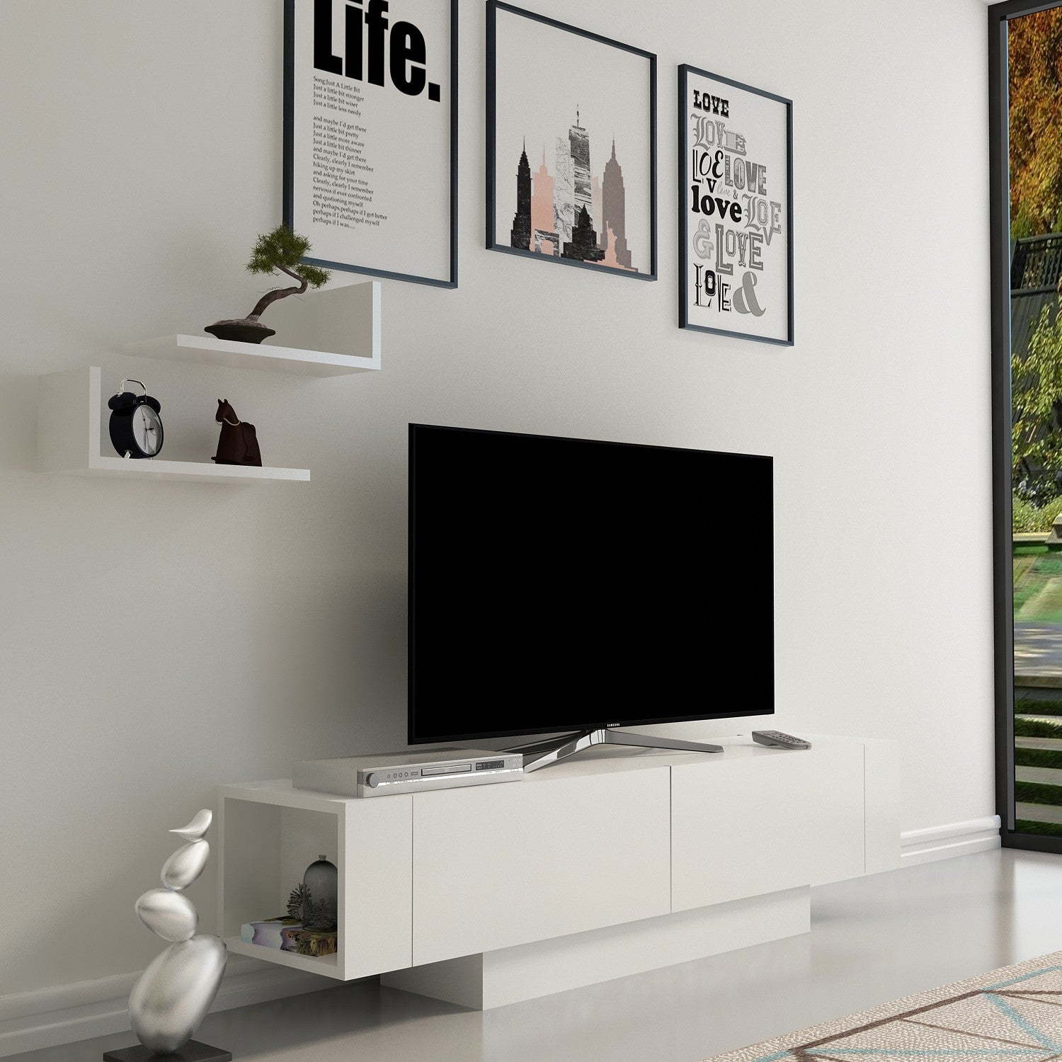 Suporte de TV moderno branco com prateleiras de parede (2 peças), 150 cm de largura, 100% revestido em melamina, 18 mm de espessura | Solução de armazenamento elegante para sala de estar
