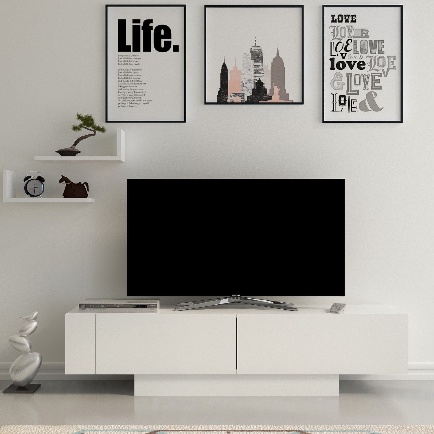 Suporte de TV moderno branco com prateleiras de parede (2 peças), 150 cm de largura, 100% revestido em melamina, 18 mm de espessura | Solução de armazenamento elegante para sala de estar