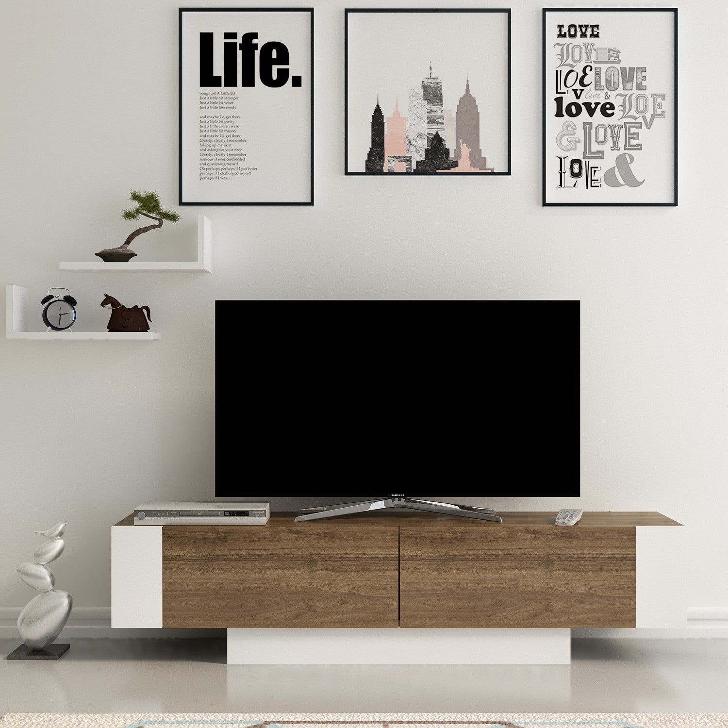Suporte de TV moderno com prateleiras de parede (2 peças), nogueira e branco, 150 cm | 100% revestido em melamina, 18 mm de espessura | Solução de armazenamento elegante para sala de estar