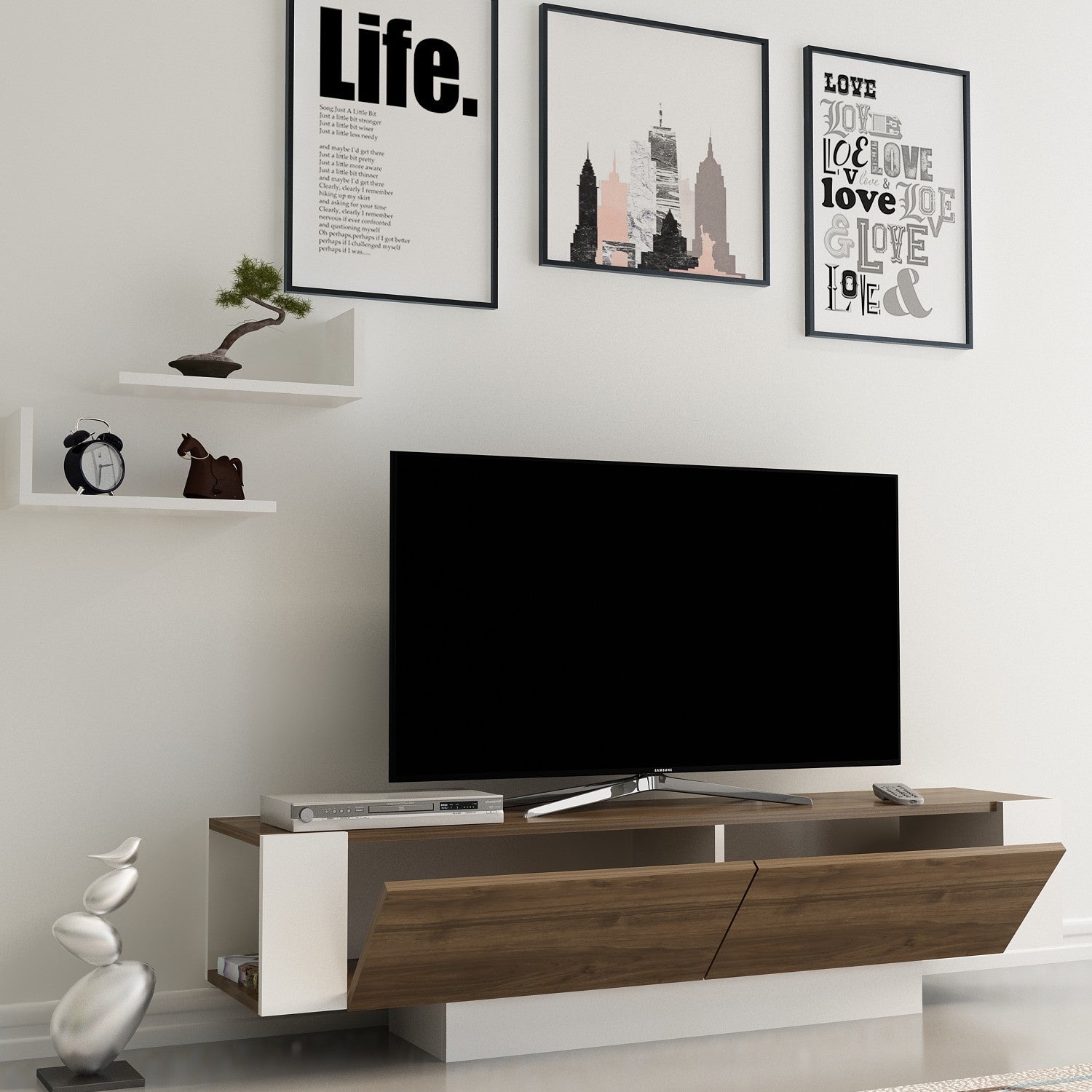 Suporte de TV moderno com prateleiras de parede (2 peças), nogueira e branco, 150 cm | 100% revestido em melamina, 18 mm de espessura | Solução de armazenamento elegante para sala de estar