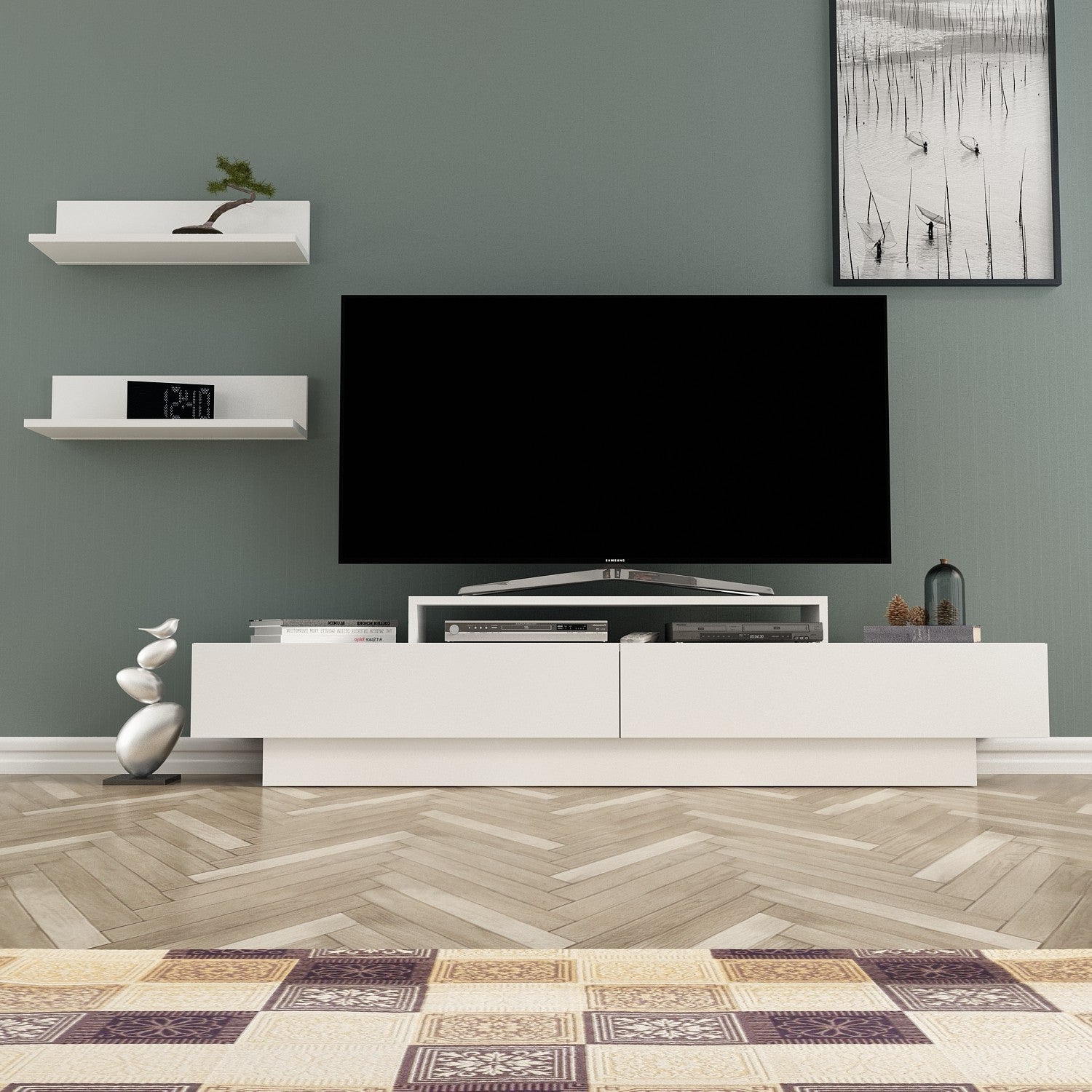 Móvel de TV moderno branco, 180 cm | Painel de partículas 100% revestido em melamina, 18 mm de espessura | Montável na parede com prateleiras para armazenamento extra | Design elegante e funcional