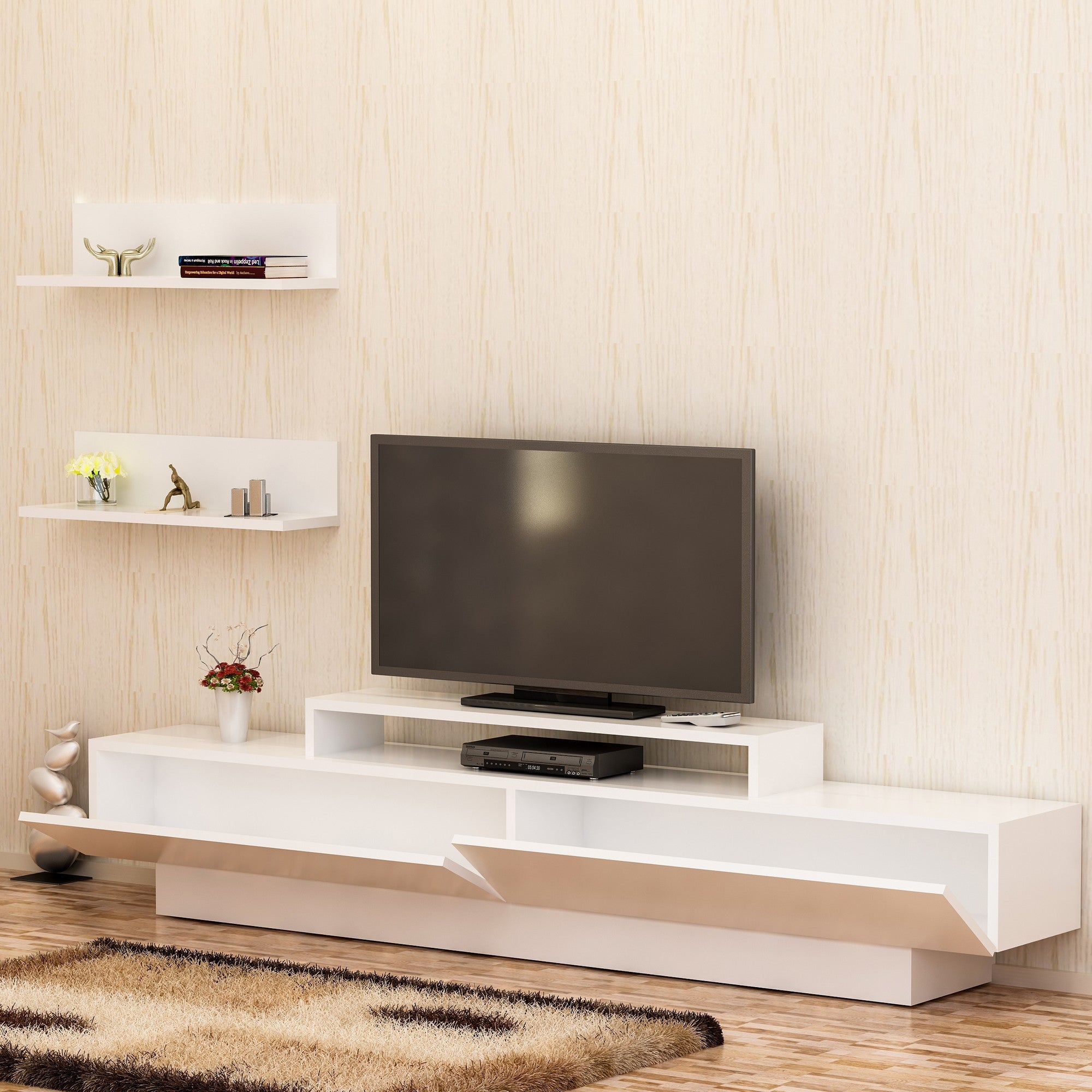 Móvel de TV moderno branco, 180 cm | Painel de partículas 100% revestido em melamina, 18 mm de espessura | Montável na parede com prateleiras para armazenamento extra | Design elegante e funcional