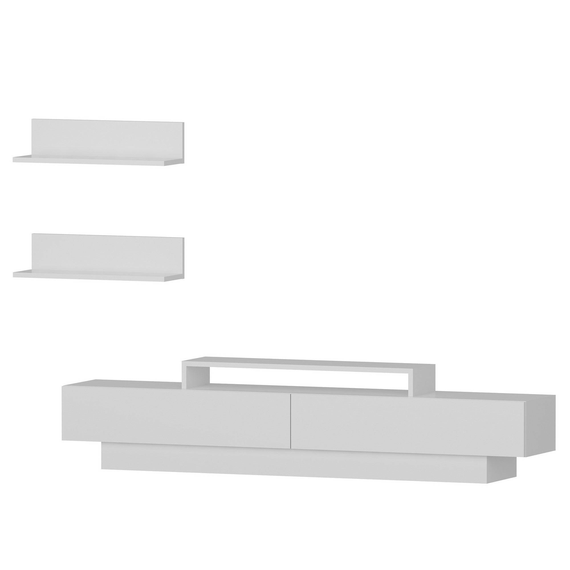 Móvel de TV moderno branco, 180 cm | Painel de partículas 100% revestido em melamina, 18 mm de espessura | Montável na parede com prateleiras para armazenamento extra | Design elegante e funcional