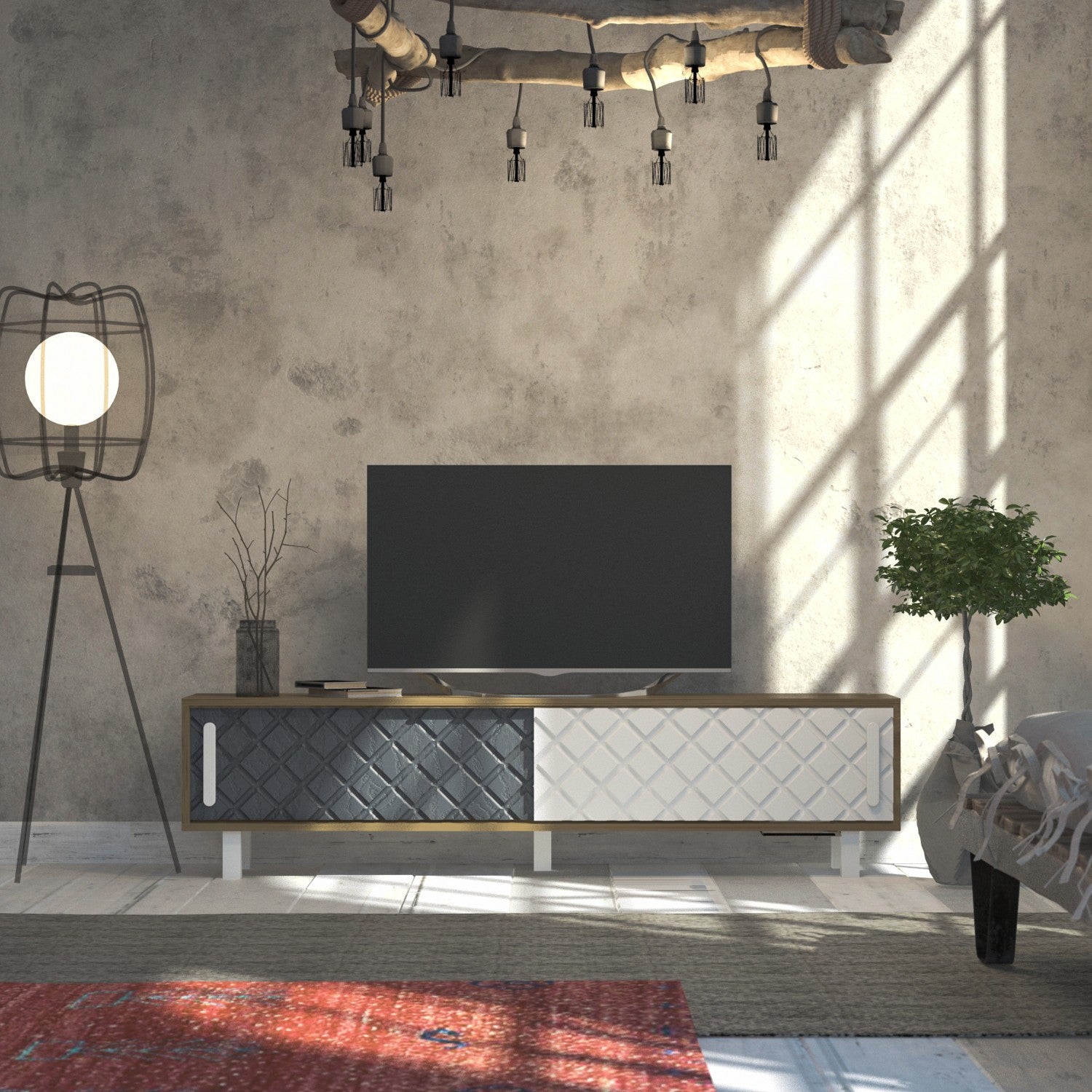 Suporte de TV moderno com portas revestidas de membrana, carvalho e branco/antracite, 180 cm | 100% revestido de melamina, 18 mm de espessura, montável na parede, solução de armazenamento elegante