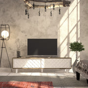 Suporte de TV moderno com portas revestidas de membrana, carvalho e branco, 180 cm | Painel de partículas 100% revestido de melamina, 18 mm de espessura | Solução de armazenamento elegante e montável na parede