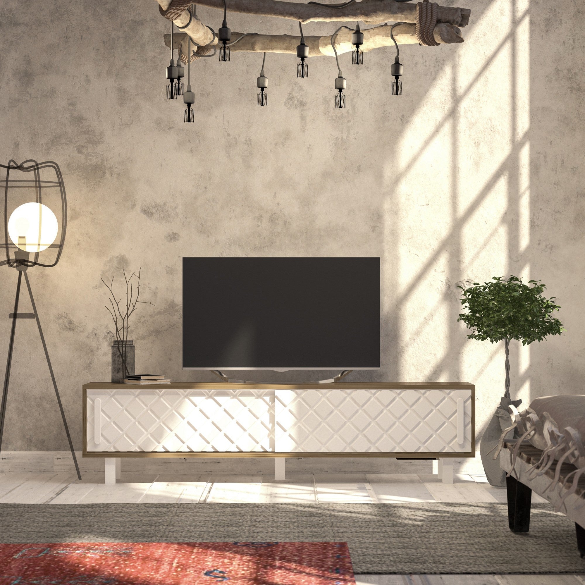 Suporte de TV moderno com portas revestidas de membrana, carvalho e branco, 180 cm | Painel de partículas 100% revestido de melamina, 18 mm de espessura | Solução de armazenamento elegante e montável na parede
