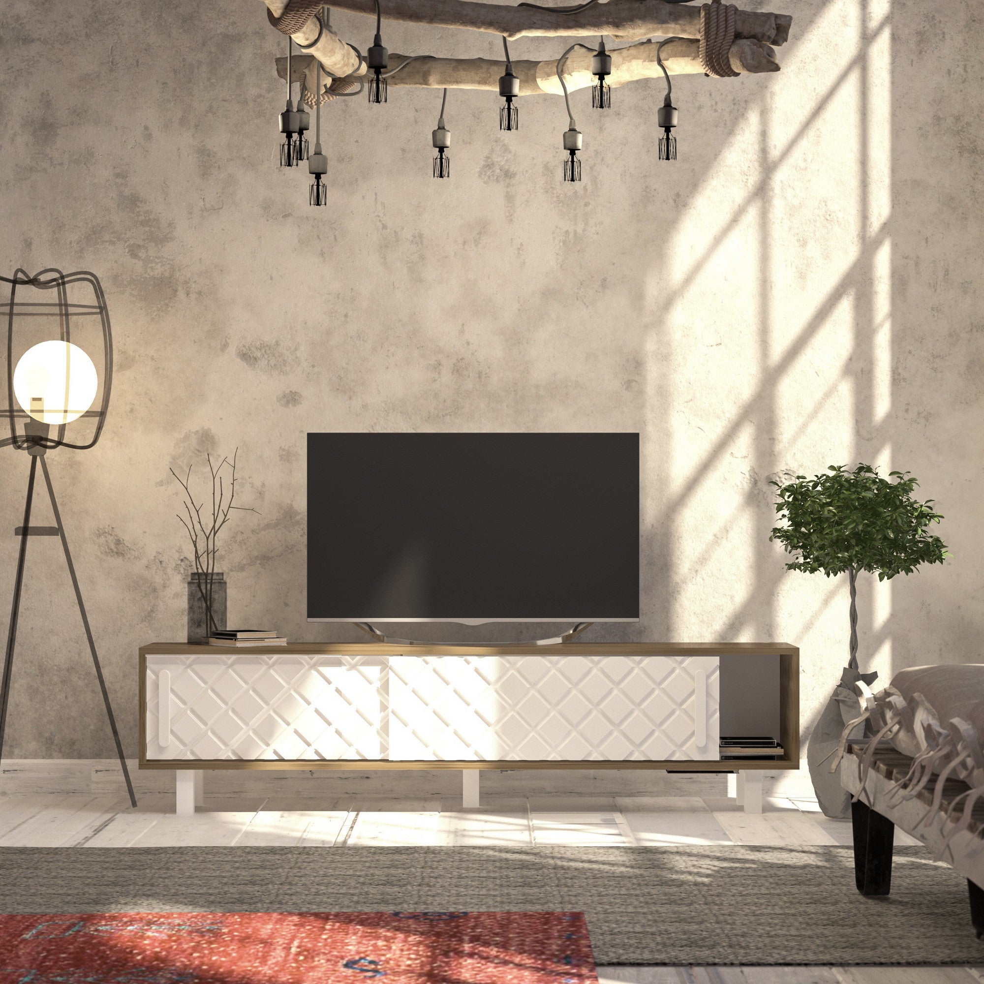 Suporte de TV moderno com portas revestidas de membrana, carvalho e branco, 180 cm | Painel de partículas 100% revestido de melamina, 18 mm de espessura | Solução de armazenamento elegante e montável na parede