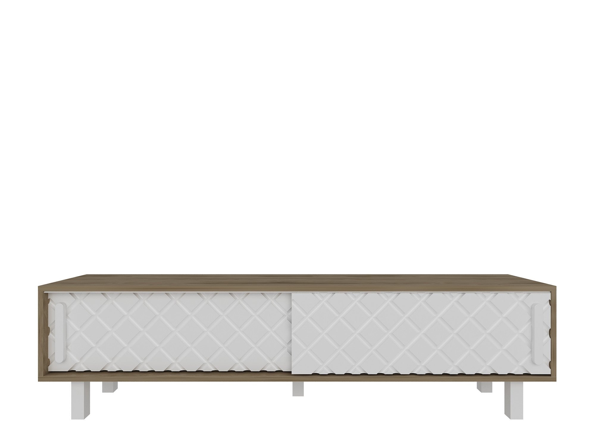 Suporte de TV moderno com portas revestidas de membrana, carvalho e branco, 180 cm | Painel de partículas 100% revestido de melamina, 18 mm de espessura | Solução de armazenamento elegante e montável na parede