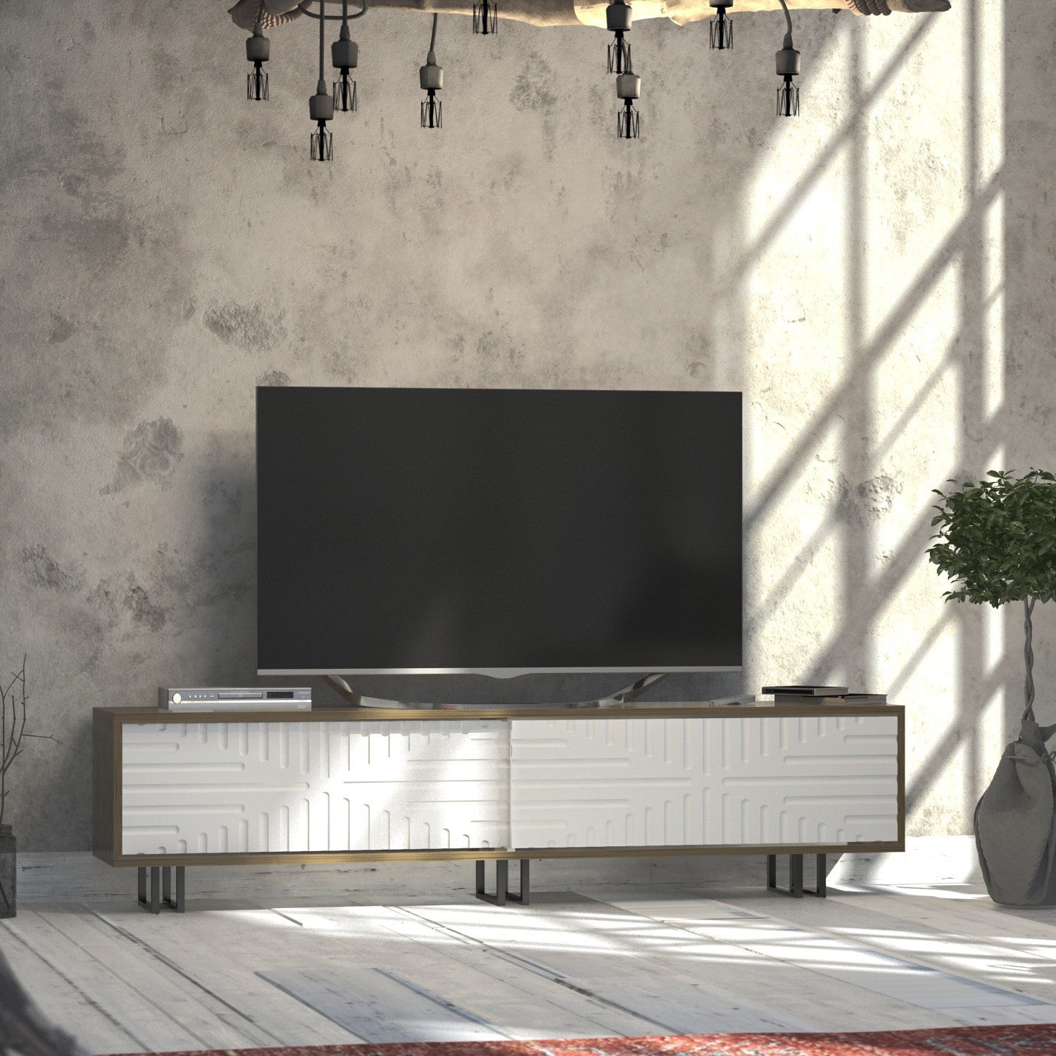 Suporte de TV moderno com estrutura de metal, carvalho e branco, 180 cm | Painel de partículas 100% revestido de melamina, 18 mm de espessura | Montável na parede, várias prateleiras, armazenamento elegante