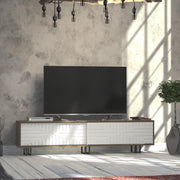 Suporte de TV moderno com estrutura de metal, carvalho e branco, 180 cm | Painel de partículas 100% revestido de melamina, 18 mm de espessura | Montável na parede, várias prateleiras, armazenamento elegante