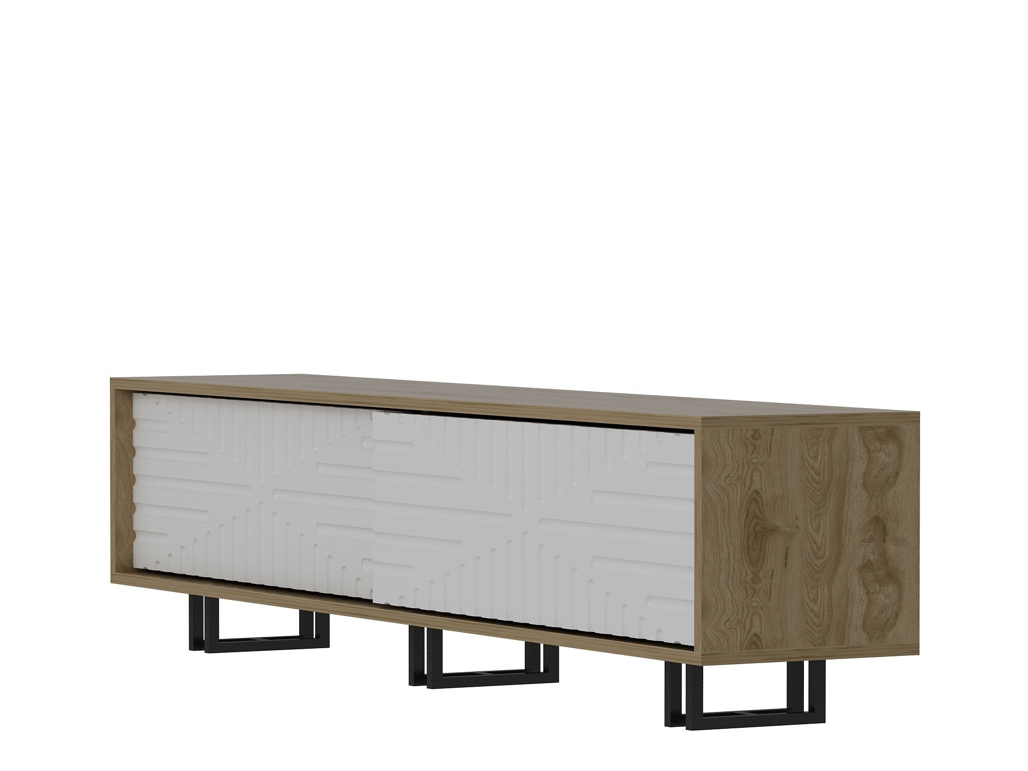 Suporte de TV moderno com estrutura de metal, carvalho e branco, 180 cm | Painel de partículas 100% revestido de melamina, 18 mm de espessura | Montável na parede, várias prateleiras, armazenamento elegante