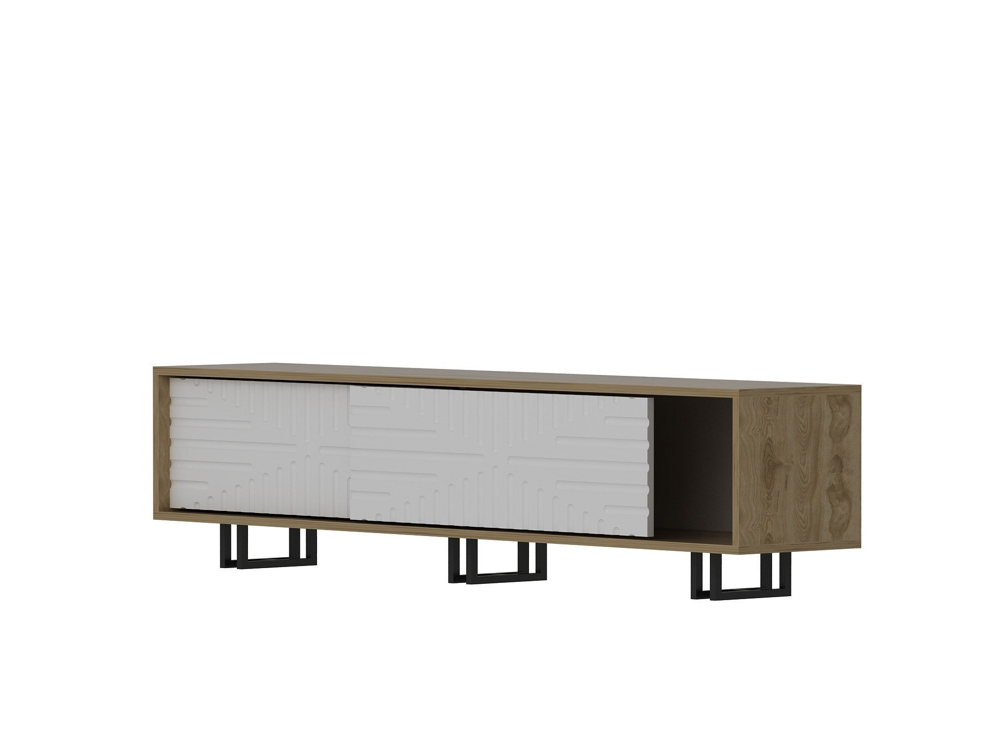 Suporte de TV moderno com estrutura de metal, carvalho e branco, 180 cm | Painel de partículas 100% revestido de melamina, 18 mm de espessura | Montável na parede, várias prateleiras, armazenamento elegante