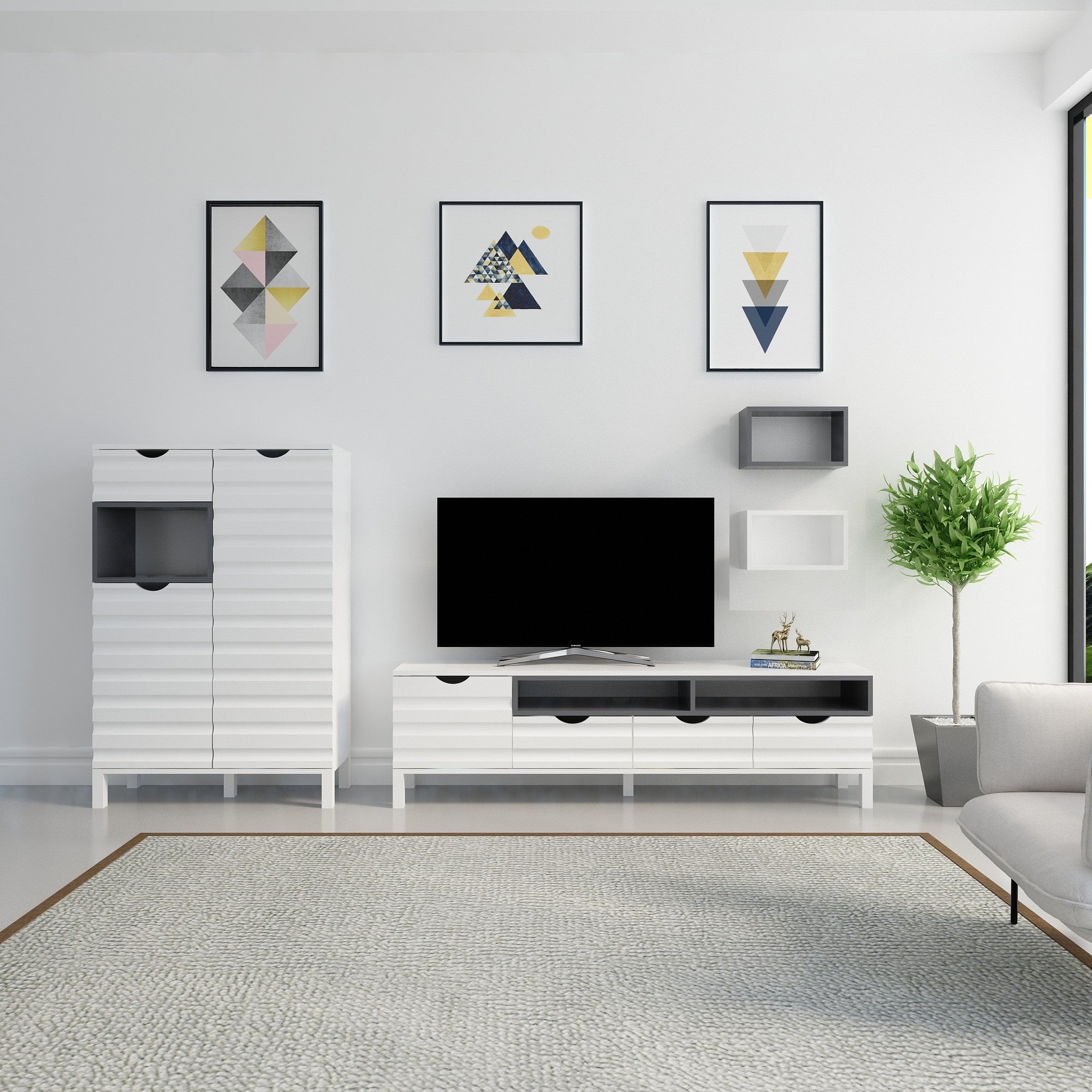 Móvel de TV moderno, branco e antracite, 180 cm | 100% revestido em melamina, 18 mm de espessura | Montável na parede, várias prateleiras, solução de armazenamento elegante