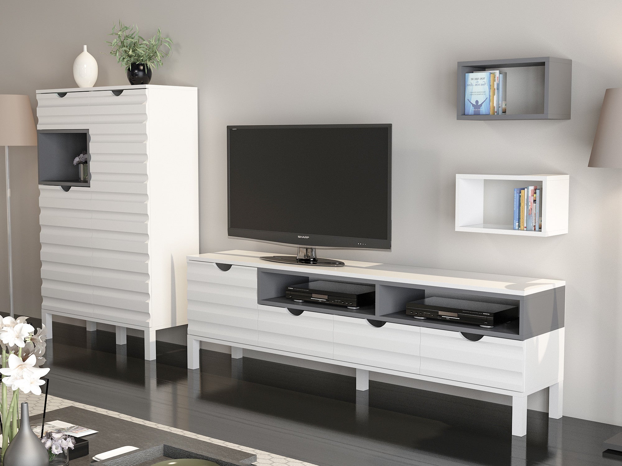 Móvel de TV moderno, branco e antracite, 180 cm | 100% revestido em melamina, 18 mm de espessura | Montável na parede, várias prateleiras, solução de armazenamento elegante