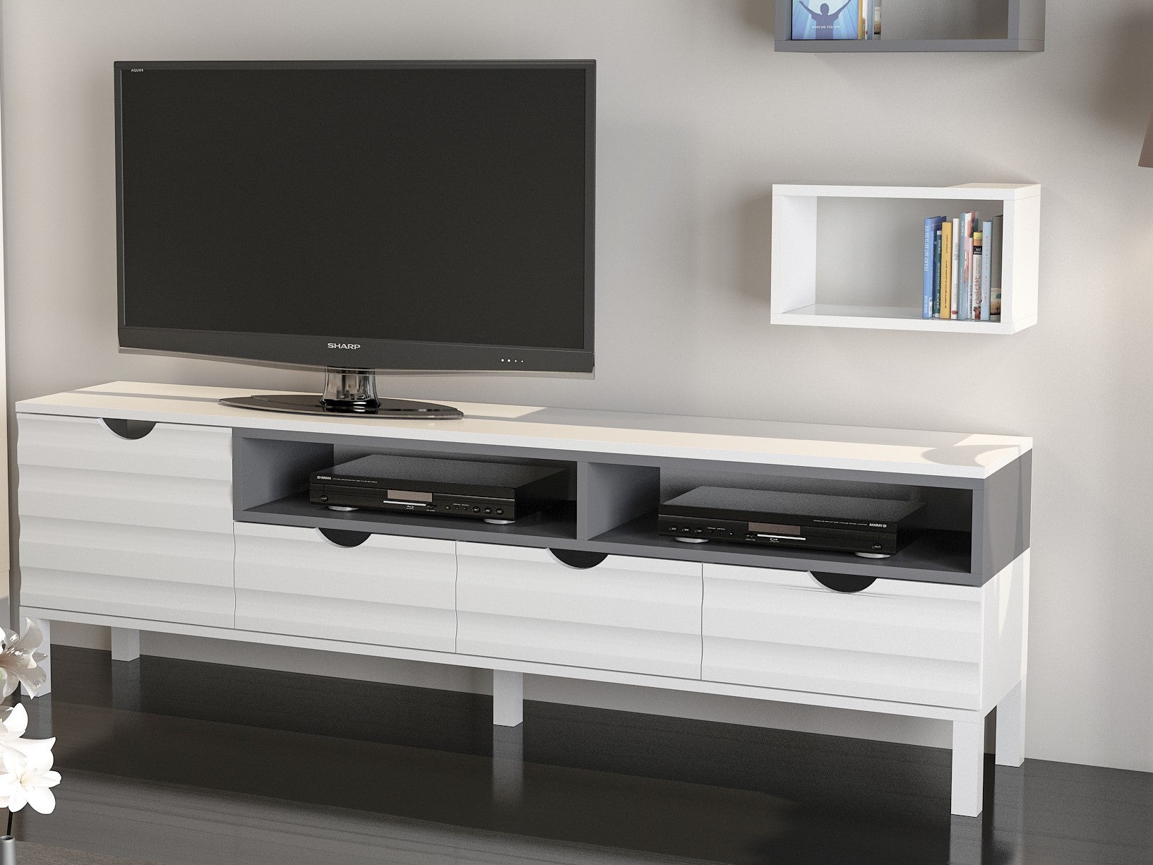 Móvel de TV moderno, branco e antracite, 180 cm | 100% revestido em melamina, 18 mm de espessura | Montável na parede, várias prateleiras, solução de armazenamento elegante