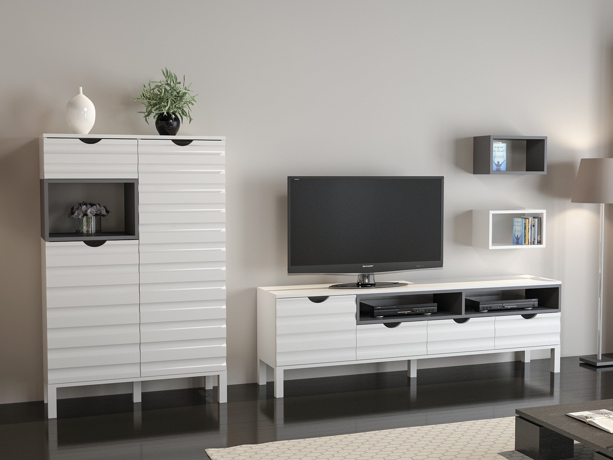 Móvel de TV moderno, branco e antracite, 180 cm | 100% revestido em melamina, 18 mm de espessura | Montável na parede, várias prateleiras, solução de armazenamento elegante
