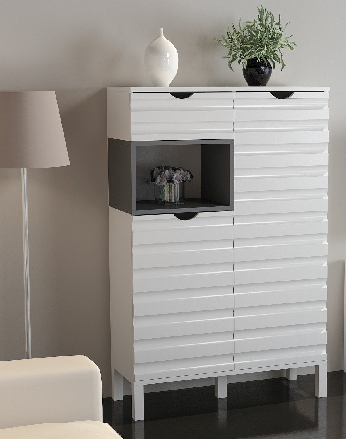 Móvel de TV moderno, branco e antracite, 180 cm | 100% revestido em melamina, 18 mm de espessura | Montável na parede, várias prateleiras, solução de armazenamento elegante