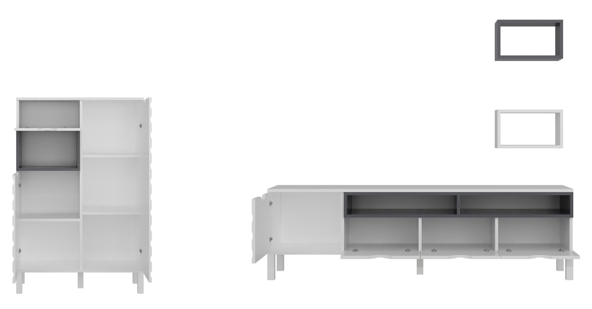 Móvel de TV moderno, branco e antracite, 180 cm | 100% revestido em melamina, 18 mm de espessura | Montável na parede, várias prateleiras, solução de armazenamento elegante