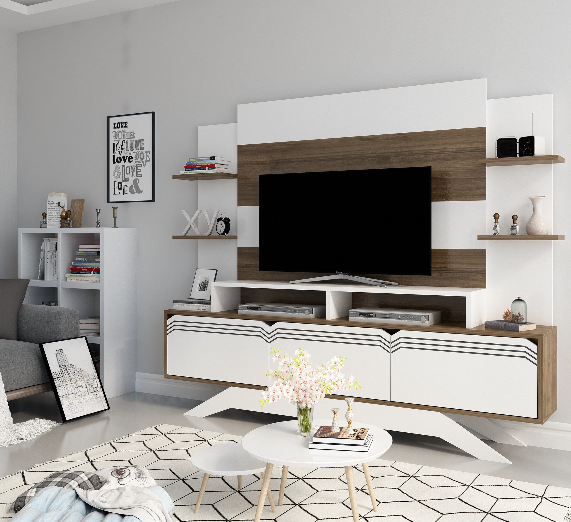 Móvel de TV moderno com opção de montagem na parede, nogueira e branco, 180 cm x 148,6 cm x 29,5 cm | 100% revestido em melamina, 18 mm de espessura | Solução de armazenamento elegante