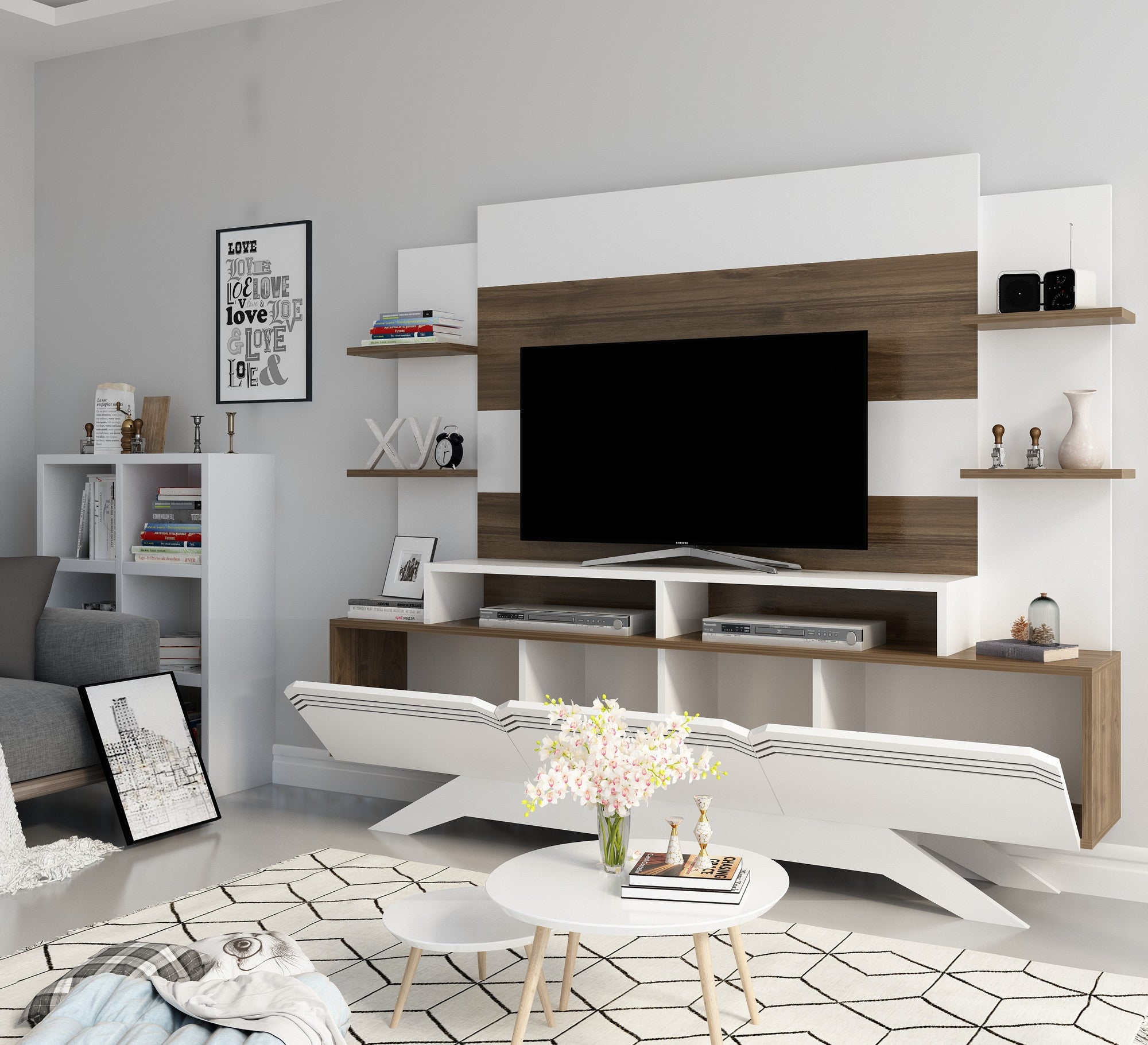 Móvel de TV moderno com opção de montagem na parede, nogueira e branco, 180 cm x 148,6 cm x 29,5 cm | 100% revestido em melamina, 18 mm de espessura | Solução de armazenamento elegante