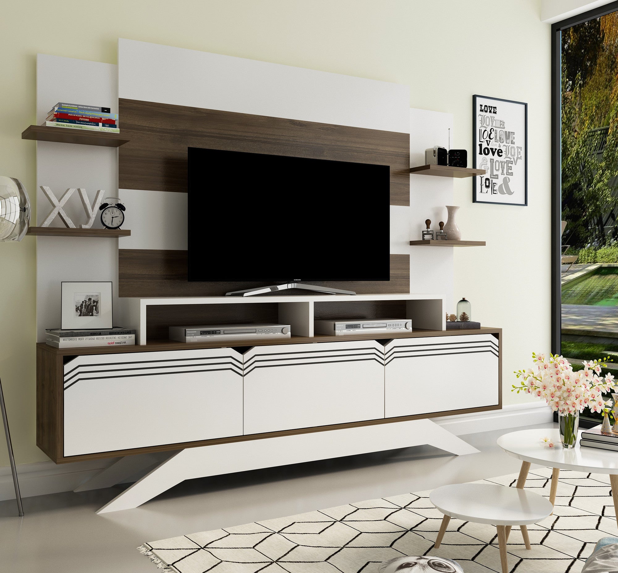 Móvel de TV moderno com opção de montagem na parede, nogueira e branco, 180 cm x 148,6 cm x 29,5 cm | 100% revestido em melamina, 18 mm de espessura | Solução de armazenamento elegante