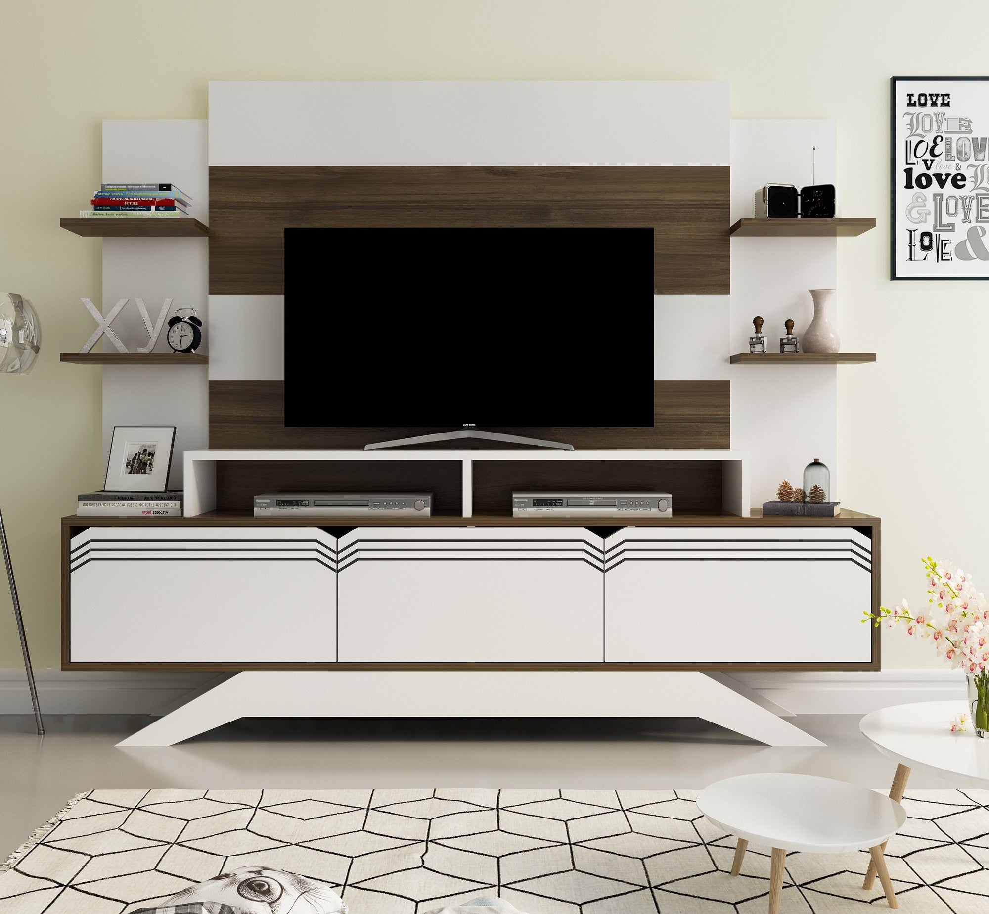 Móvel de TV moderno com opção de montagem na parede, nogueira e branco, 180 cm x 148,6 cm x 29,5 cm | 100% revestido em melamina, 18 mm de espessura | Solução de armazenamento elegante