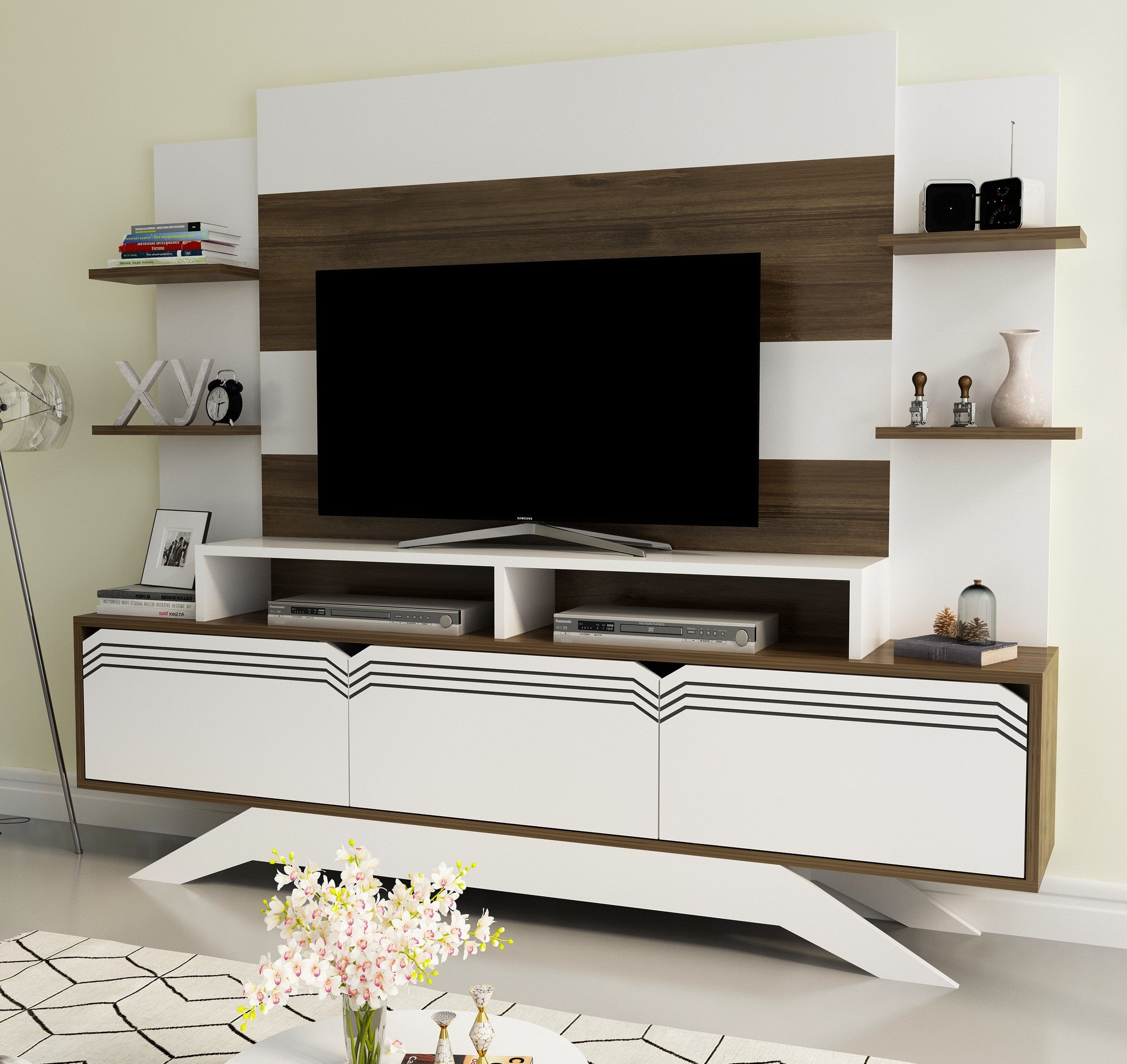 Móvel de TV moderno com opção de montagem na parede, nogueira e branco, 180 cm x 148,6 cm x 29,5 cm | 100% revestido em melamina, 18 mm de espessura | Solução de armazenamento elegante