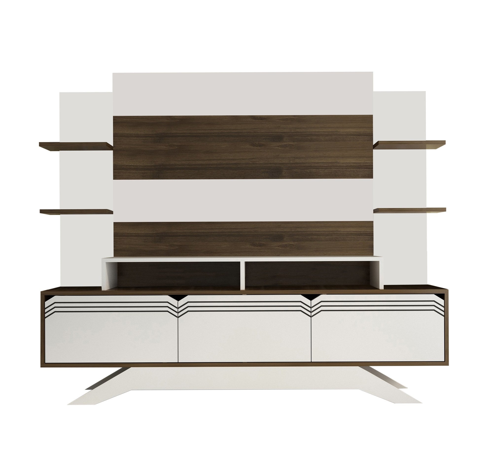 Móvel de TV moderno com opção de montagem na parede, nogueira e branco, 180 cm x 148,6 cm x 29,5 cm | 100% revestido em melamina, 18 mm de espessura | Solução de armazenamento elegante