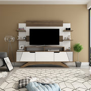 Móvel de TV moderno com opção de montagem na parede, nogueira e branco, 180 cm x 148,6 cm x 29,5 cm | 100% revestido em melamina, 18 mm de espessura | Solução de armazenamento elegante