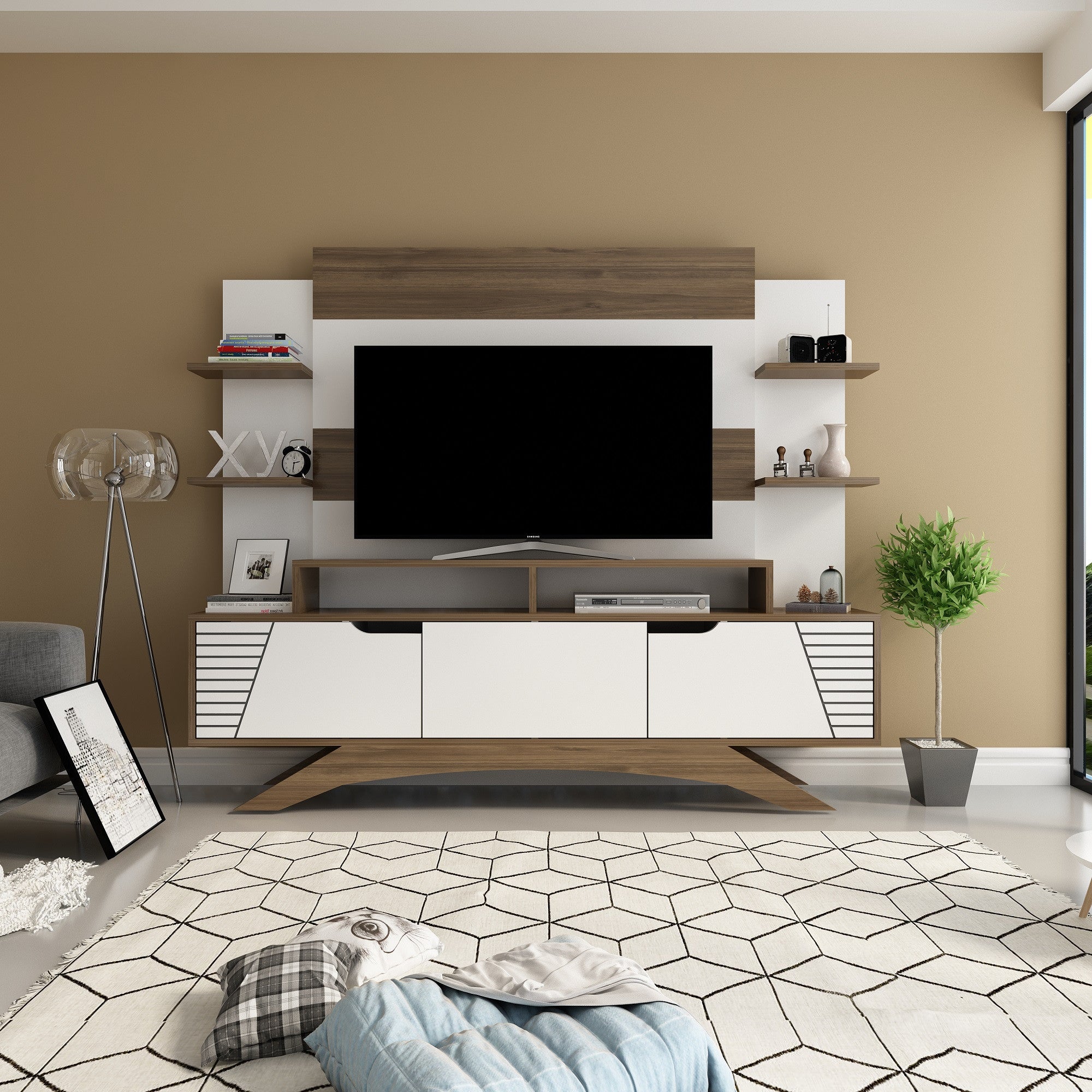Móvel de TV moderno com opção de montagem na parede, nogueira e branco, 180 cm x 148,6 cm x 29,5 cm | 100% revestido em melamina, 18 mm de espessura | Solução de armazenamento elegante