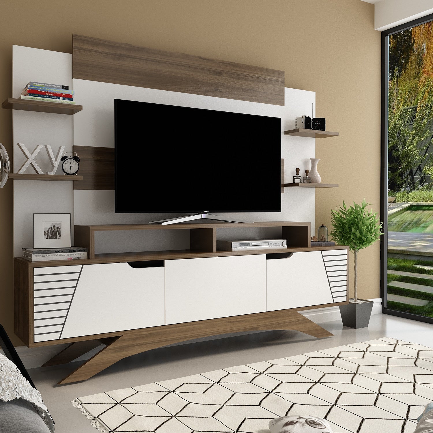 Móvel de TV moderno com opção de montagem na parede, nogueira e branco, 180 cm x 148,6 cm x 29,5 cm | 100% revestido em melamina, 18 mm de espessura | Solução de armazenamento elegante